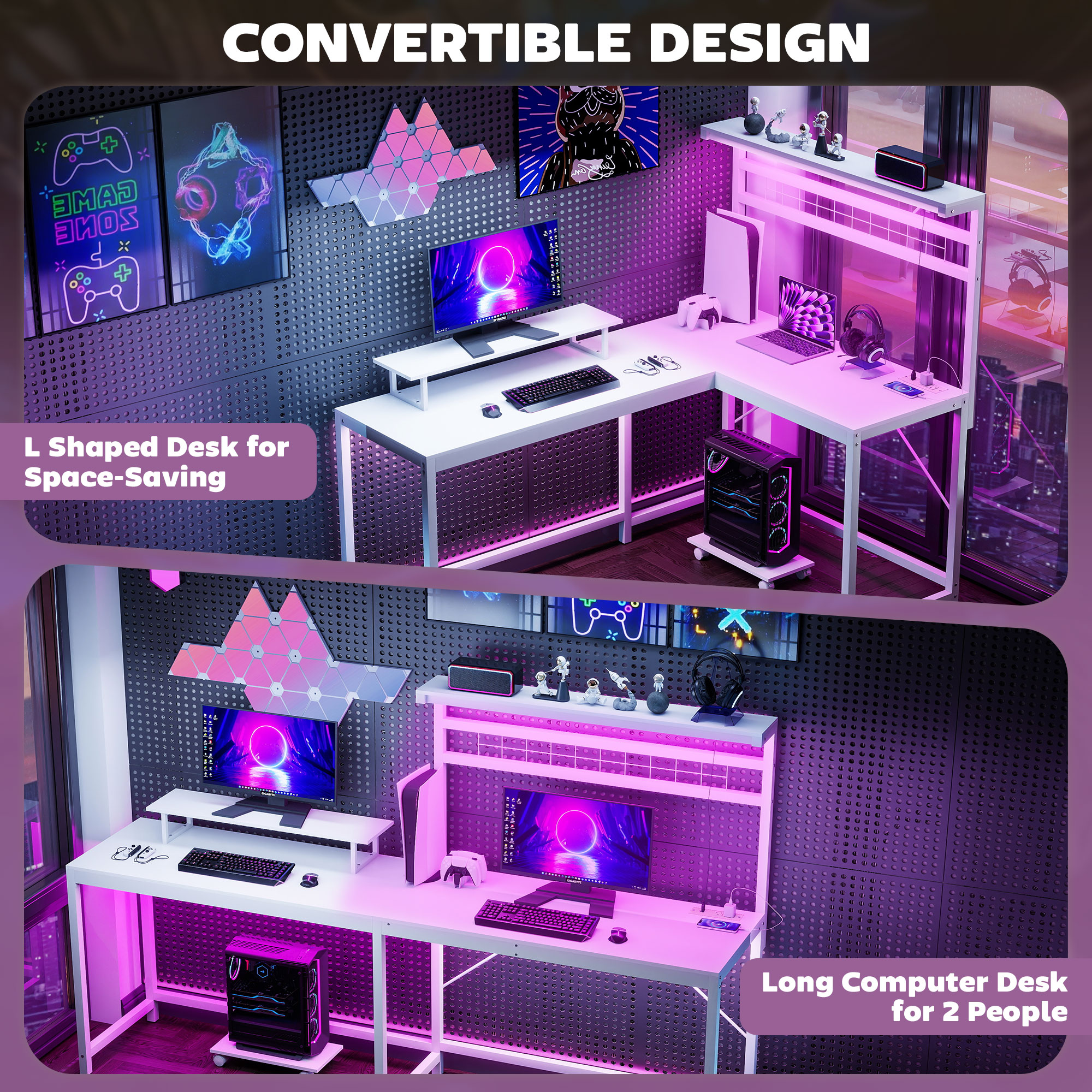 61.6" L Shaped Gaming Desk with Power Outlets & LED Lights, Computer Desk with Monitor Stand and CPU Shelf, White 3