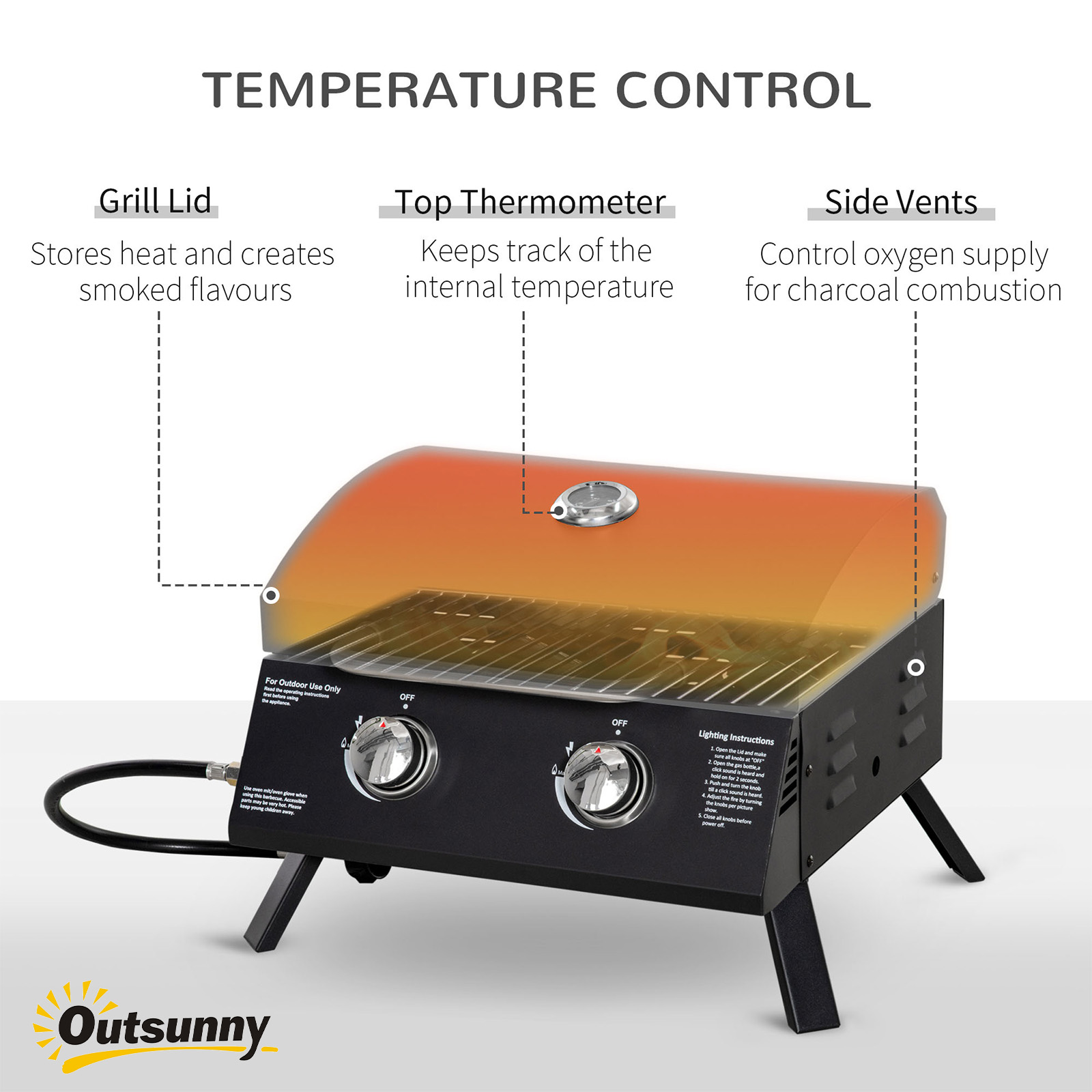 21.75″ Charcoal BBQ, Portable Grill with 2 Burners, Heat-Resistant Handle, Folding Legs, Removable Ashtray, Thermometer, Carbon Steel, for Outdoor Cooking, Camping, Black
