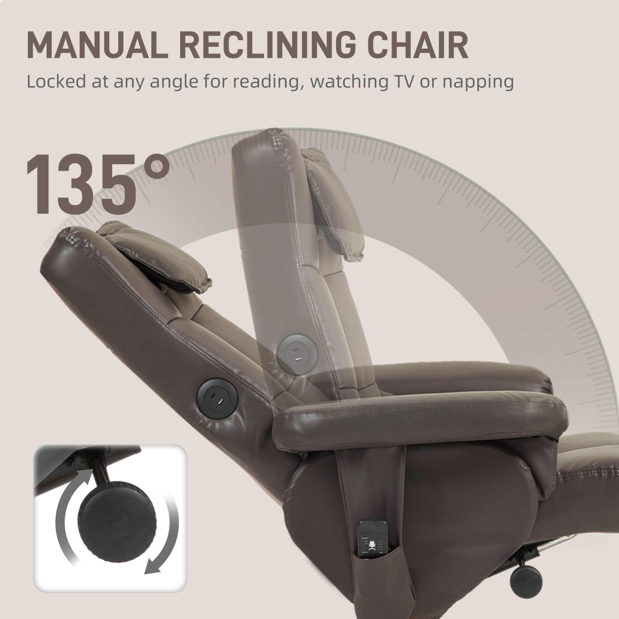 Faux Leather Massage Recliner Chair, With Storage Ottoman - Brown — image 2