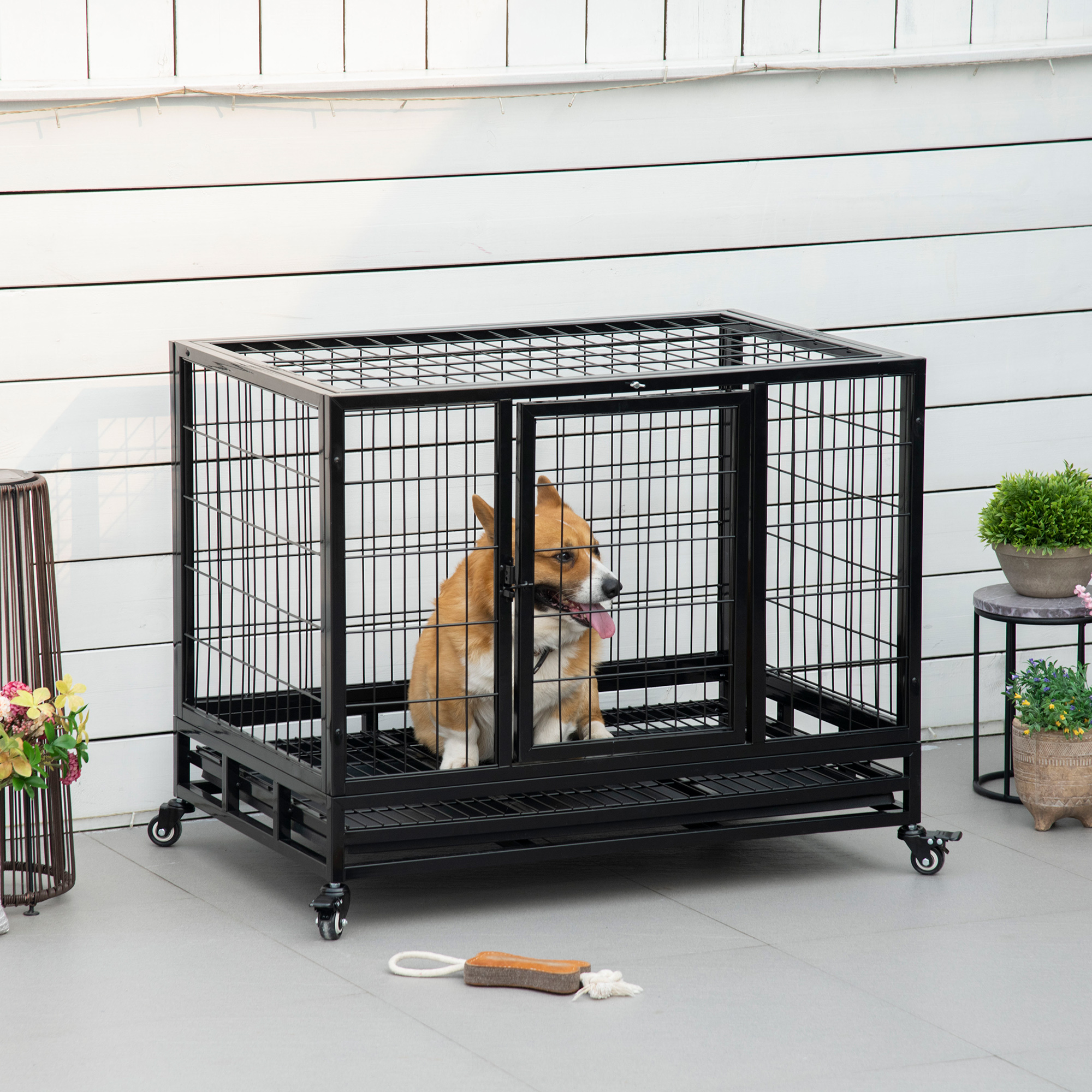  36" Heavy Duty Dog Crate with Removable Tray, Lockable Wheels and Double Door, for Medium and Large Dogs, Black