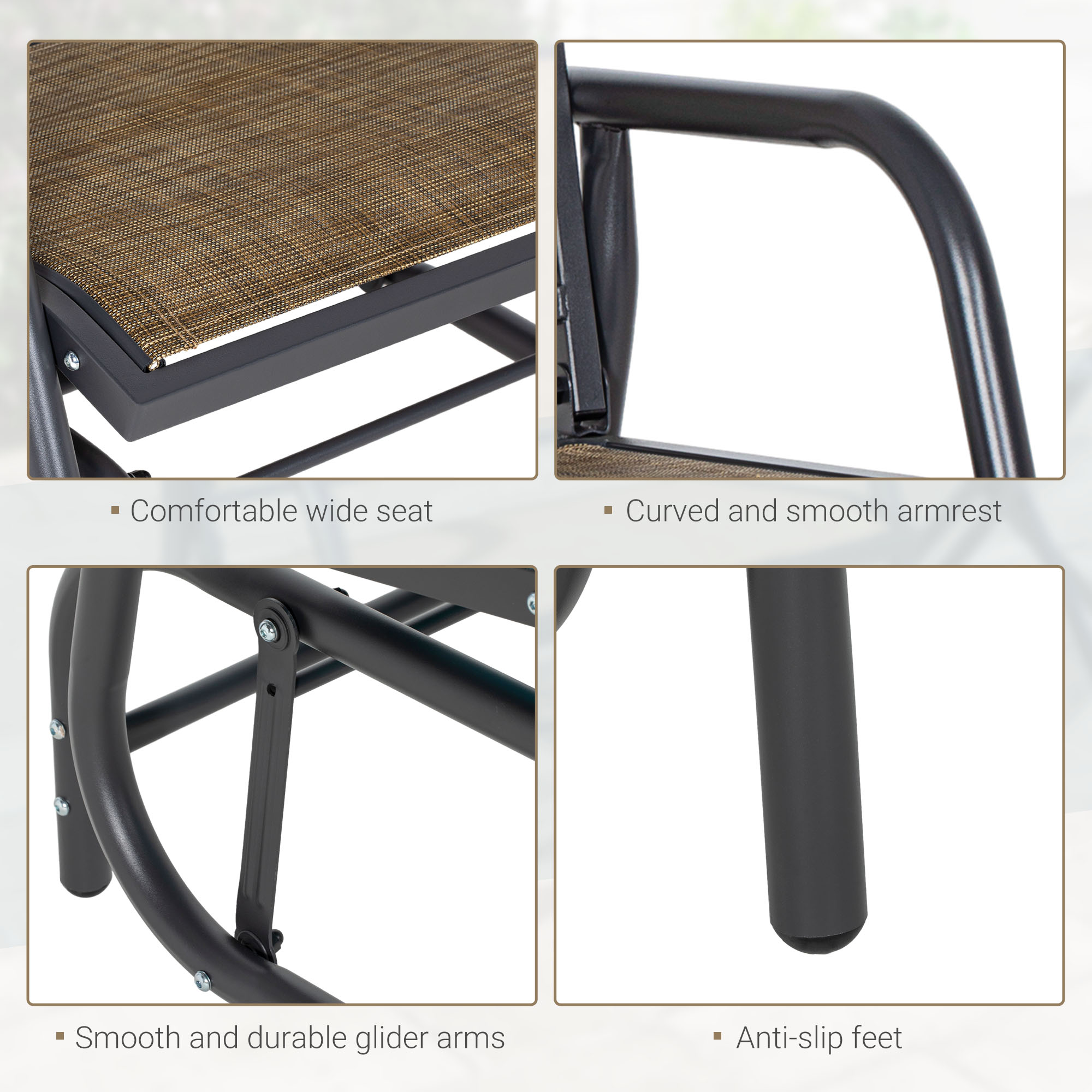 Outdoor Glider Chair, Steel Swing Chai with Curved Armrests for Porch, Garden, Poolside, Balcony, Brown