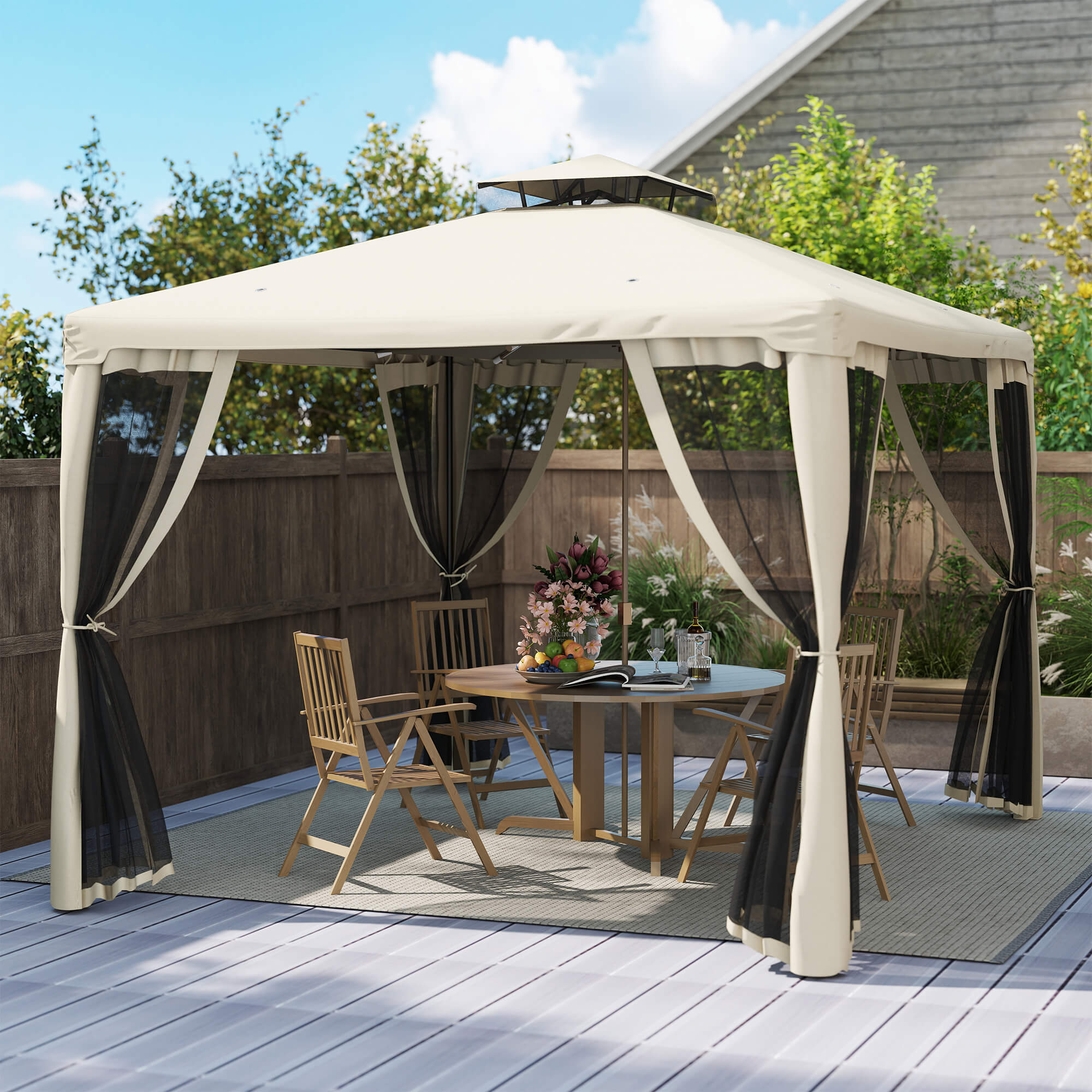10 x 10 Gazebo Tent, Double Roof Outdoor Canopy Shelter, with Netting Fabric and Vented Roof, Steel Corner Frame for Garden, Lawn, Backyard, Taupe