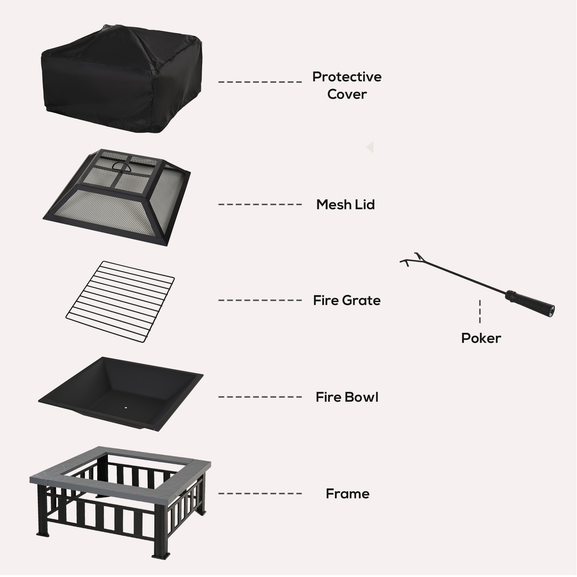  34" Outdoor Fire Pit Square Steel Wood Burning Firepit Bowl with Spark Screen, Waterproof Cover, Log Grate, Poker for Backyard, Camping, BBQ, Bonfire