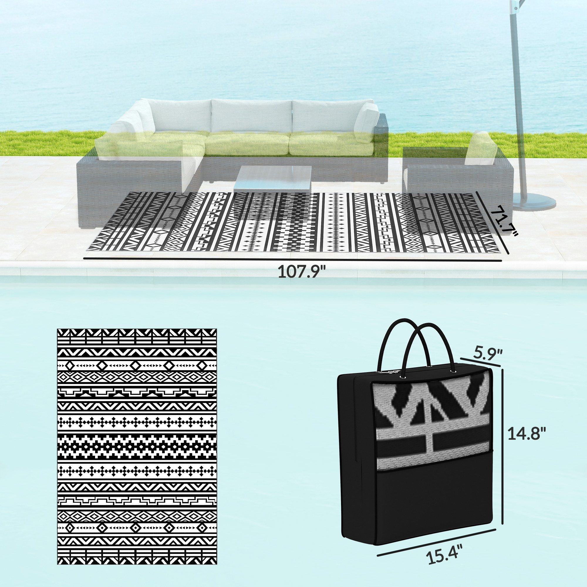 Reversible Outdoor Rug, Waterproof Plastic Straw with Carry Bag, 6' x 9', Black & White Geometric Wall image 2