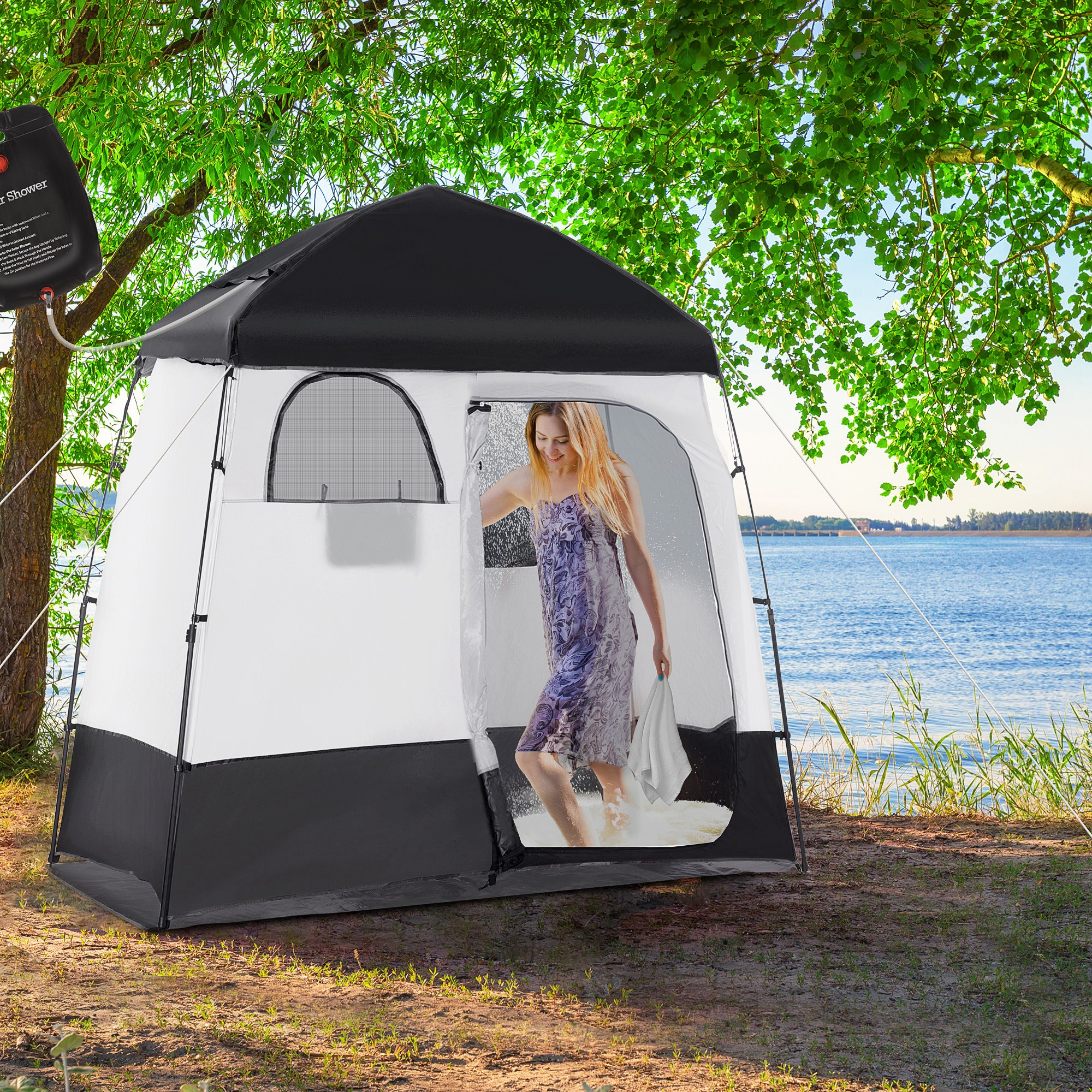  Shower Tent w/ Two Rooms, Shower Bag, Floor and Carrying Bag, Portable Privacy Shelter, Instant Changing Room for 2 Person, Black