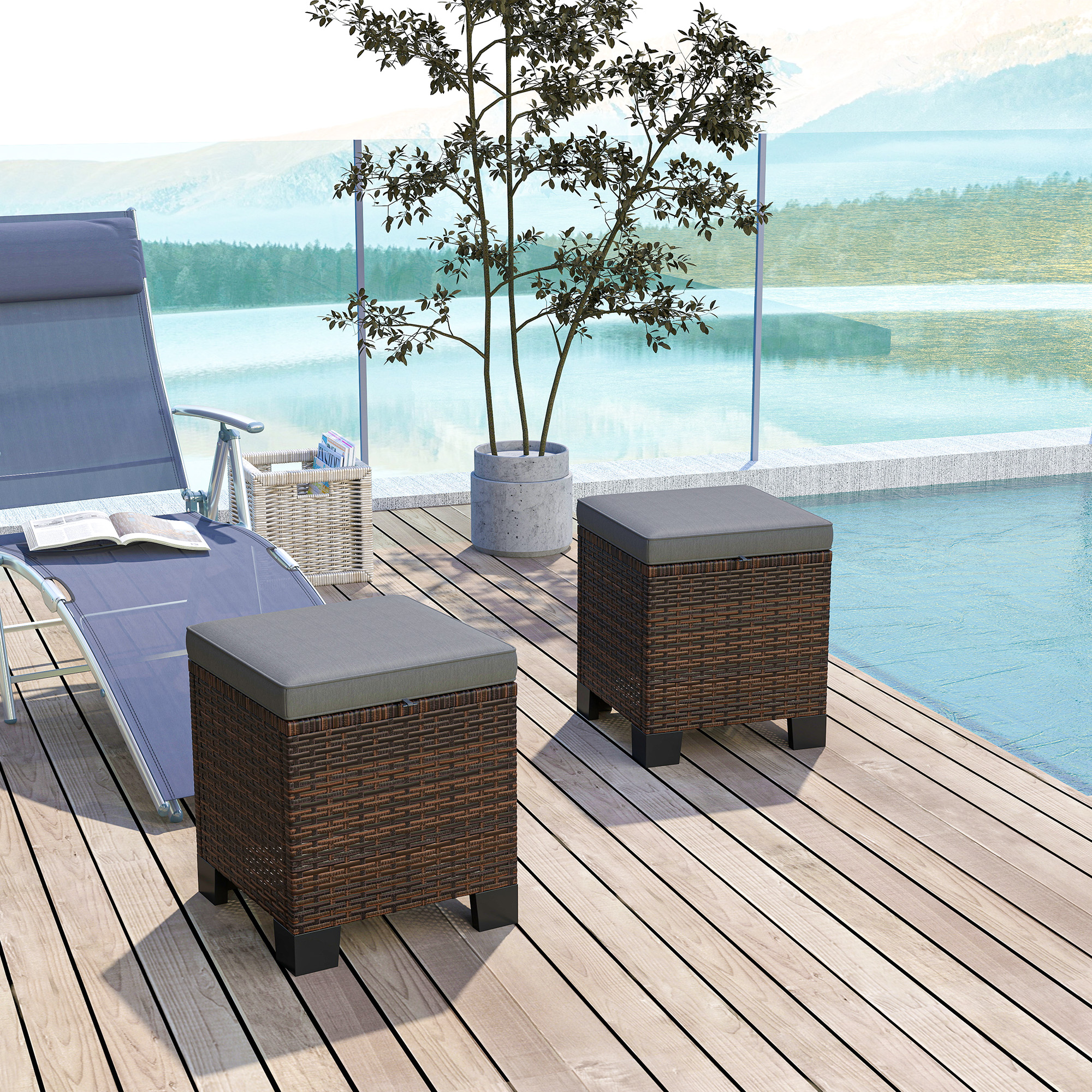 2 Piece Wicker Outdoor Ottomans with Cushions, Rattan Ottoman Footrest and Side Table for Patio, Yard, Poolside, Gray