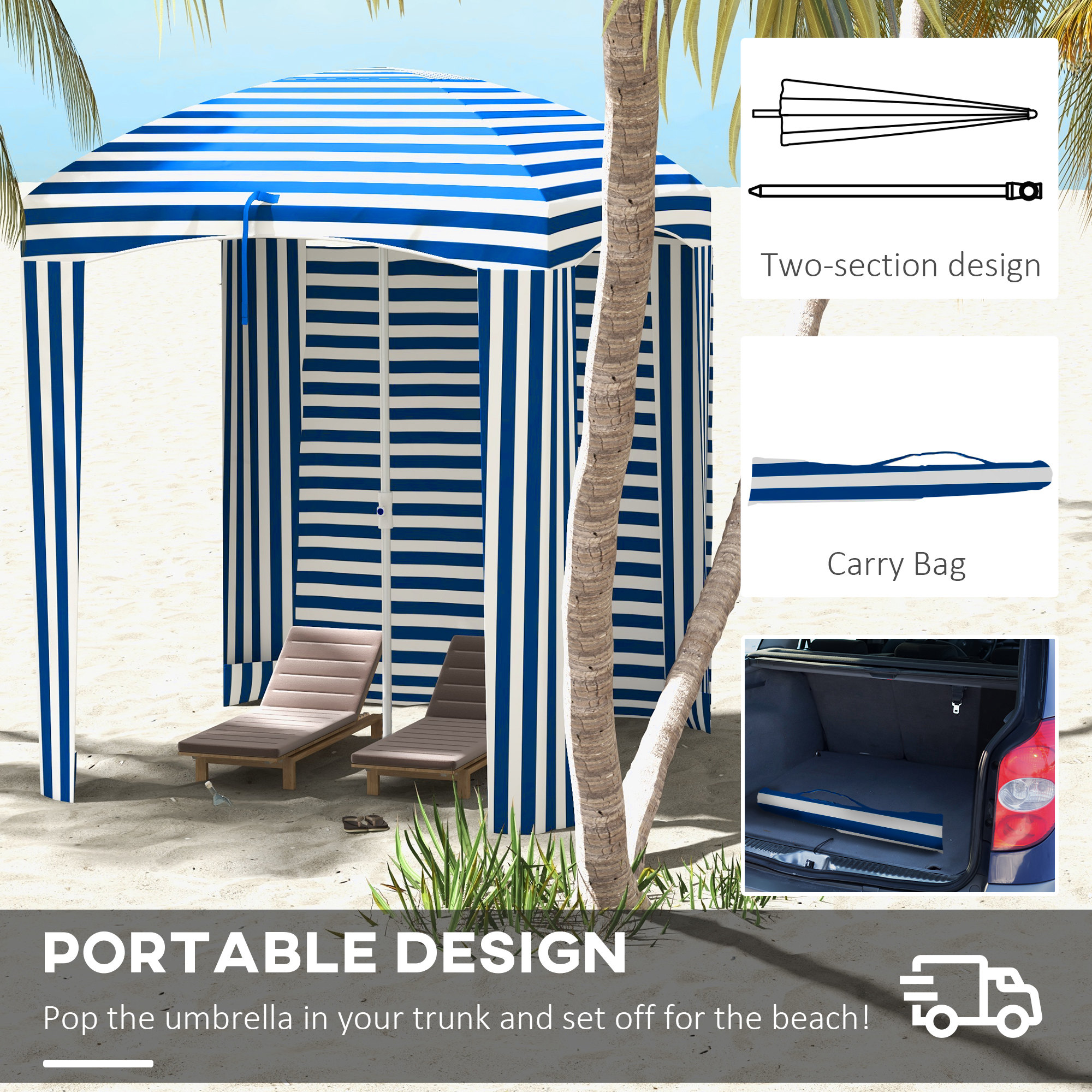 5.8′ x 5.8′ Cabana Umbrella with Walls, Vents, Ruffles, Carry Bag, Beach Umbrella, Blue White Stripe