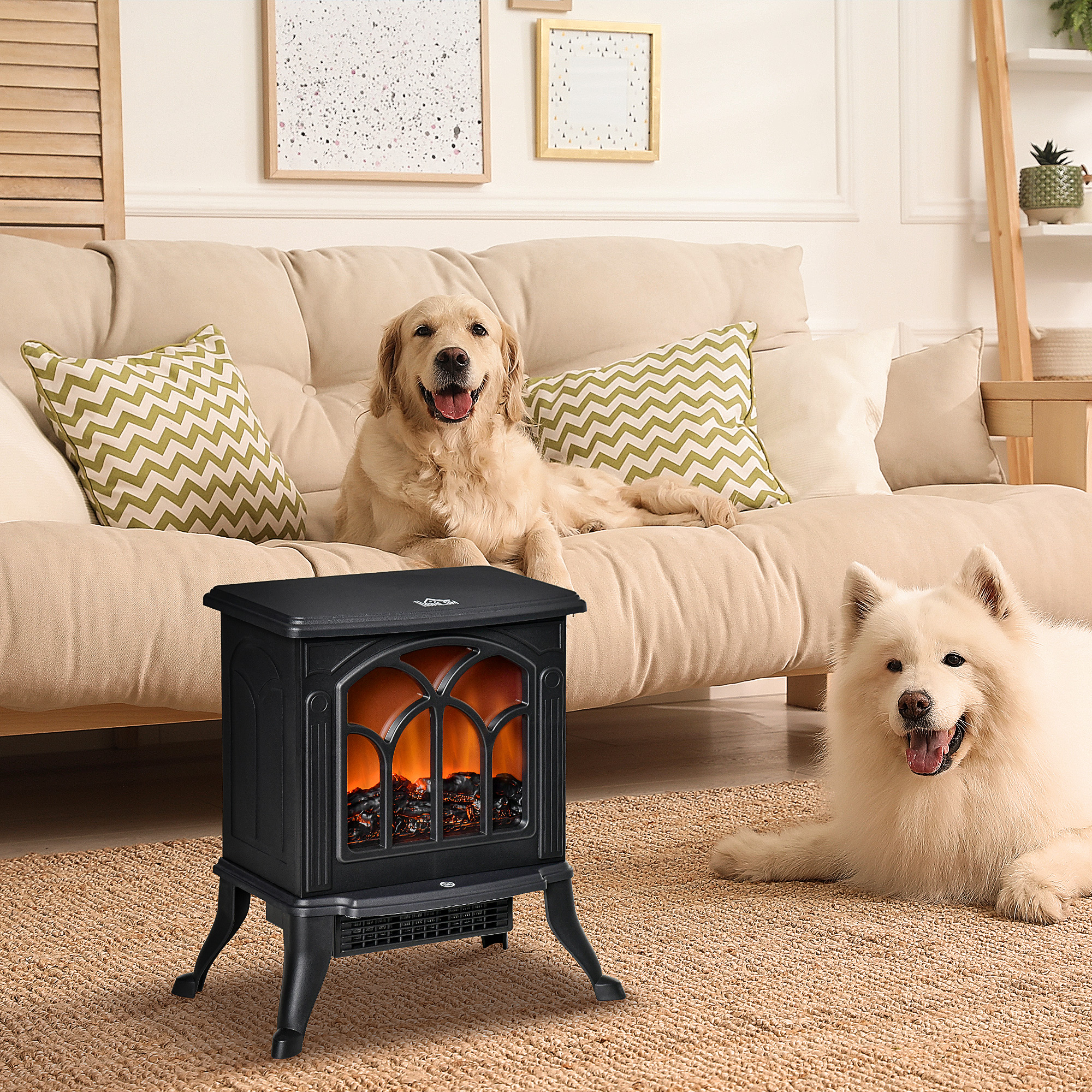  Electric Fireplace Heater, Freestanding Fireplace Stove with Realistic Logs and Flame Effect, 750W/1500W, Black