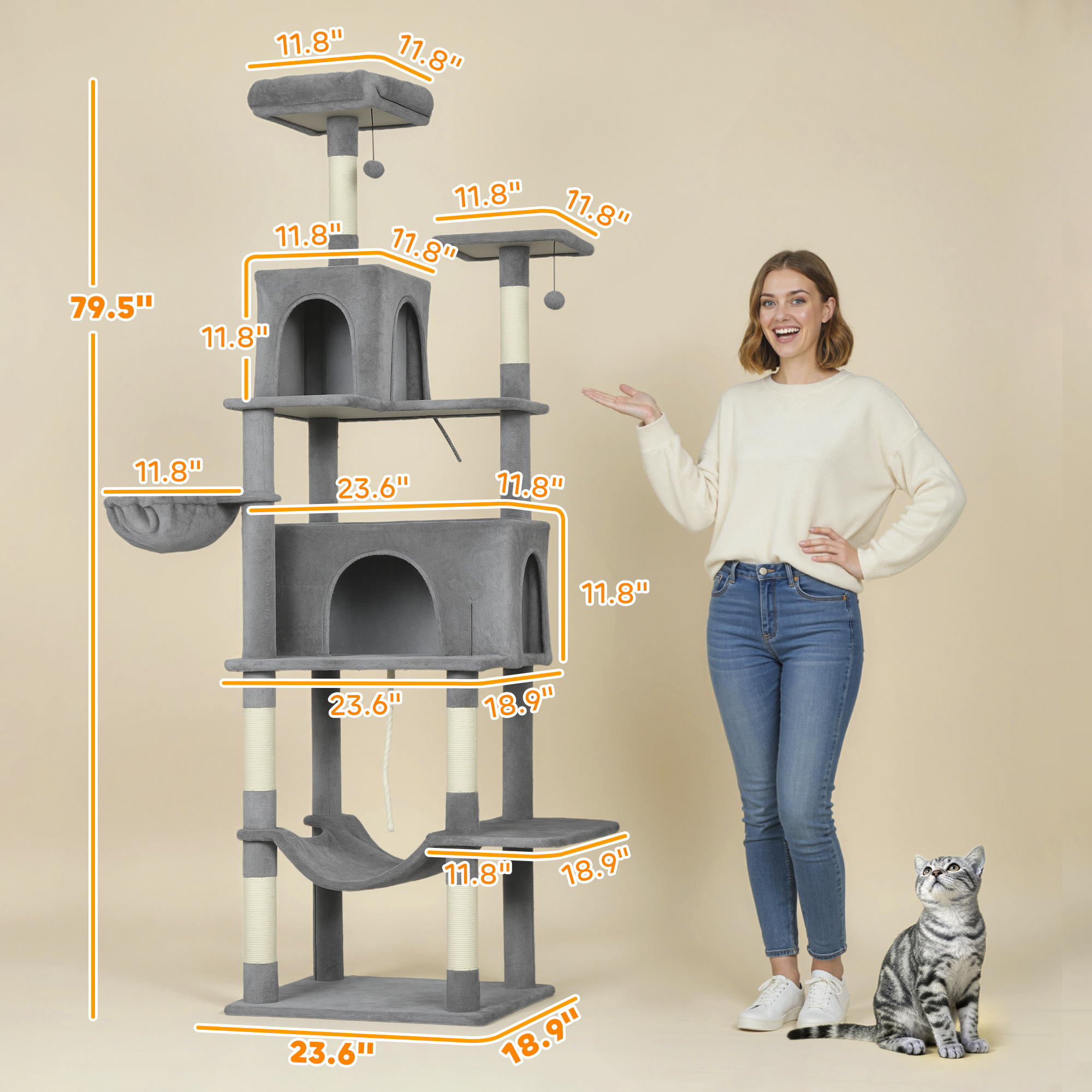  Multi-Level Cat Tower, 80" Tall Cat Tree, with 2 Condos, 2 Hammocks, 6 Sisal Scratching Posts, Dark Gray