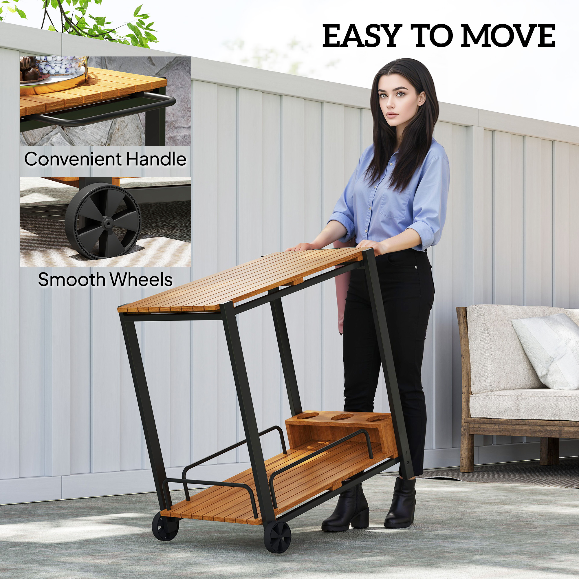 Acacia Wood Outdoor Bar Cart with Wheels, Rolling 2-Tier Coffee & Drink Cart with 3 Bottle Holders, Teak