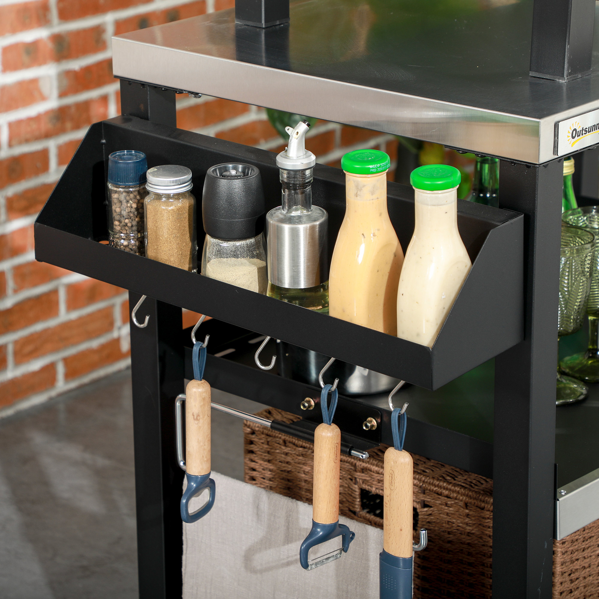 3-Shelf Outdoor Grill Cart Table with Side Handle, Stainless Steel Pizza Oven Stand on Wheels, Black - Image 4