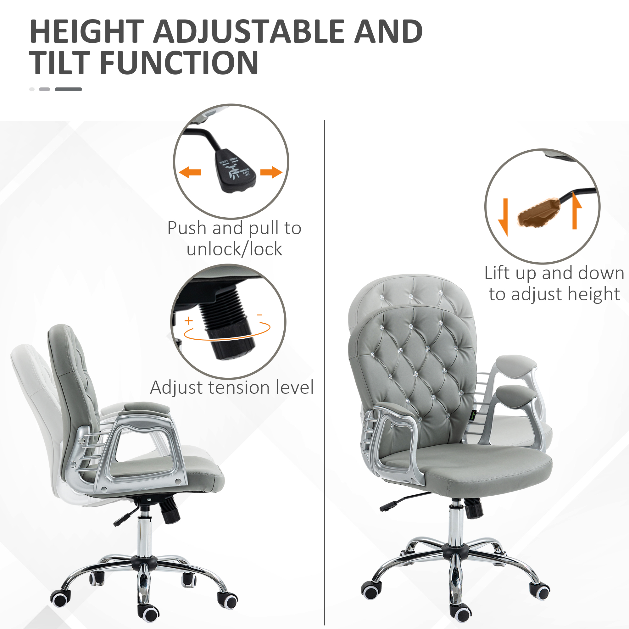 Vinsetto Office Chair Ergonomic 360° Swivel PU Diamante Padded Base 5 Castor — image 2