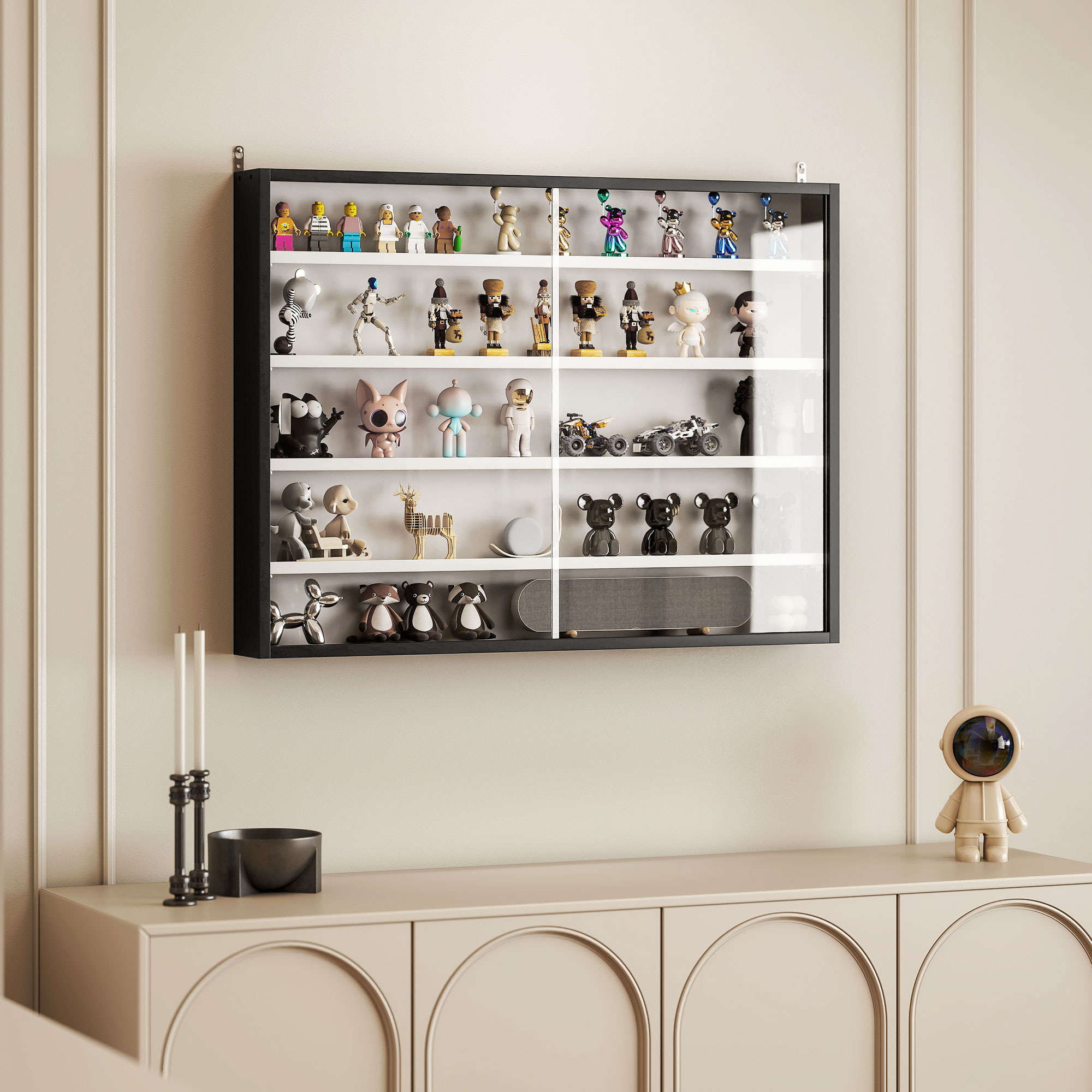 5-Tier Display Cabinet, Wall-Mounted Display Case with 2 Glass Doors and Adjustable Shelves, Black image 7