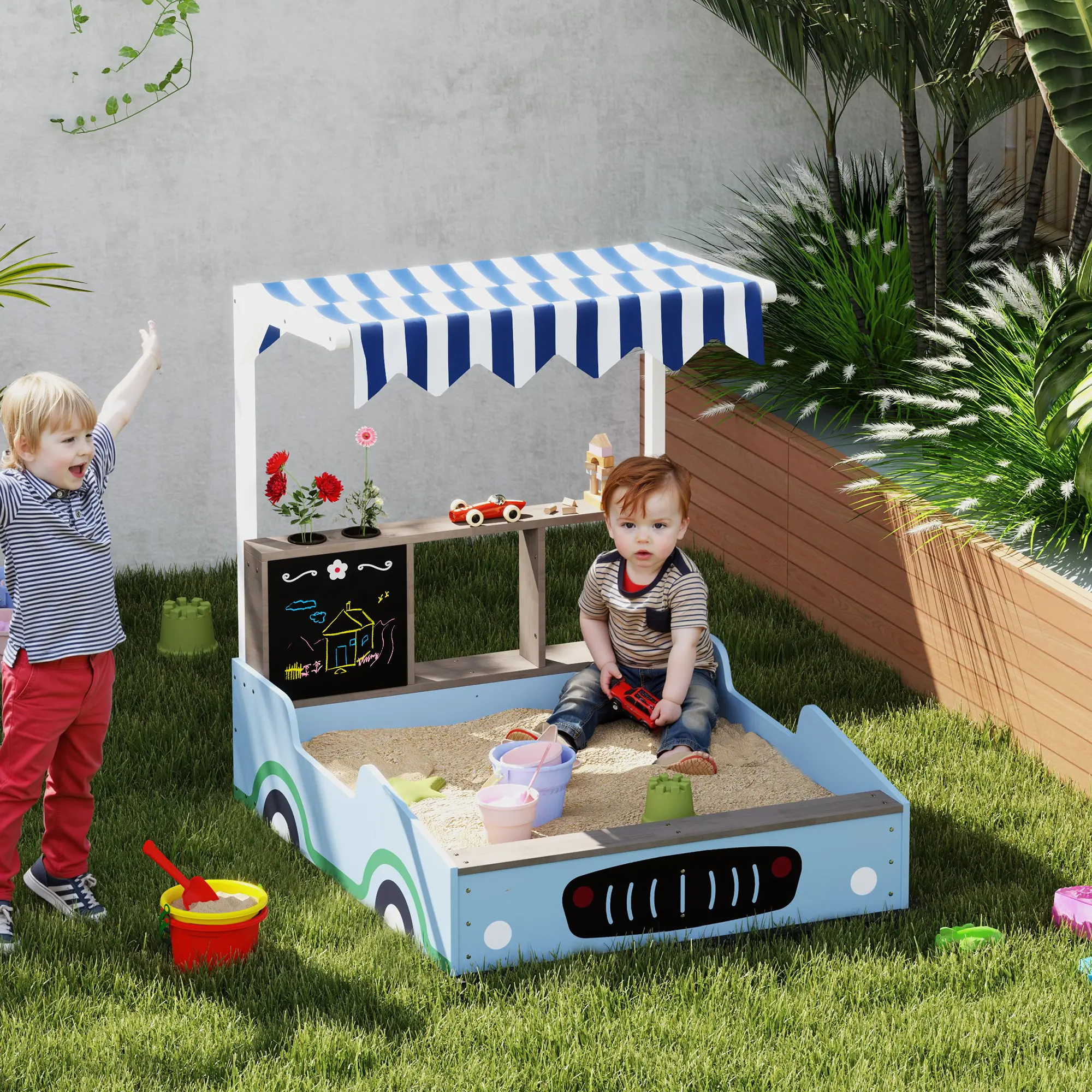 Kids Wooden Sandbox with Canopy Bench Seats