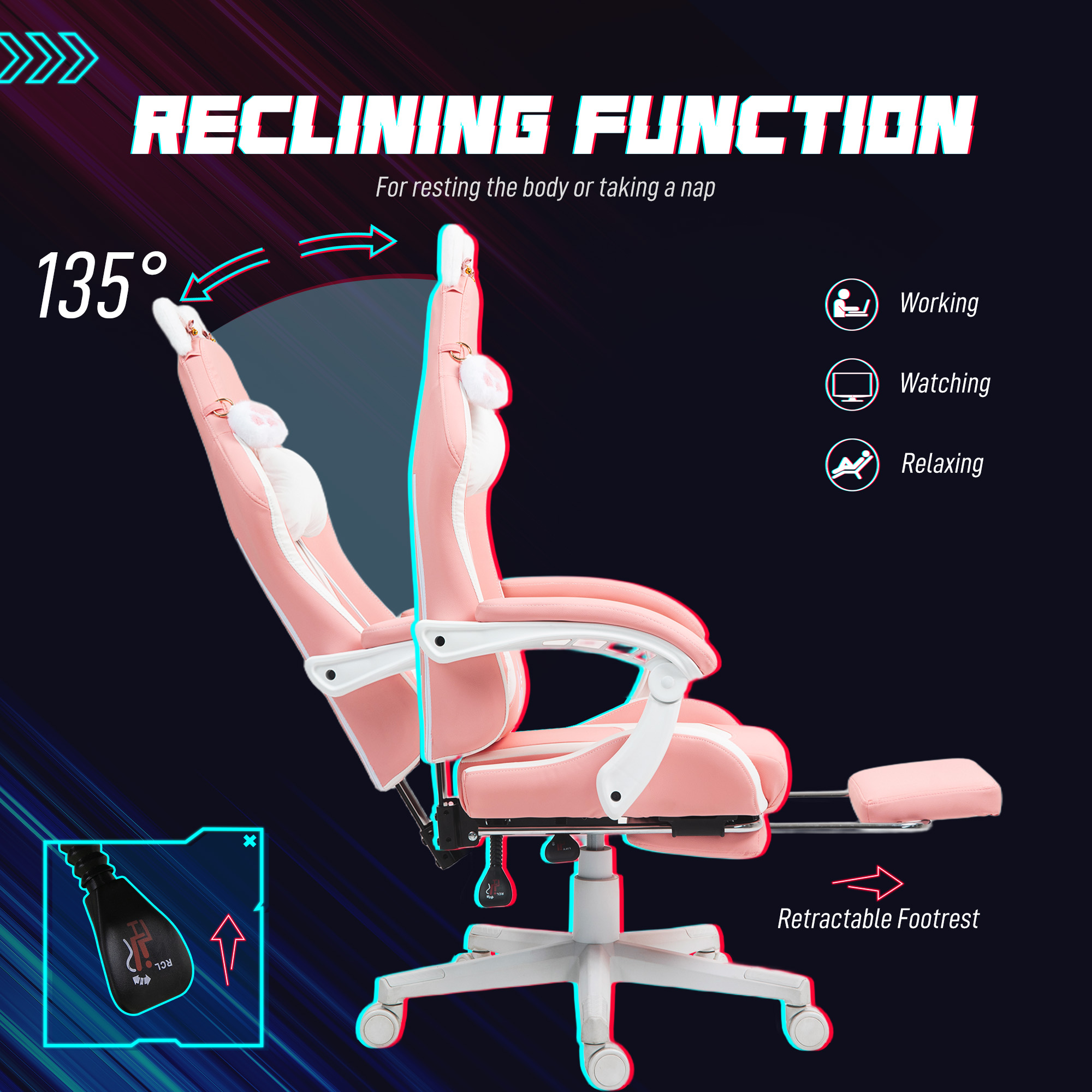 Cute Racing Gamer Chair, Faux Leather Gaming Chair with Footrest, Headrest and Lumbar Support, Pink 4