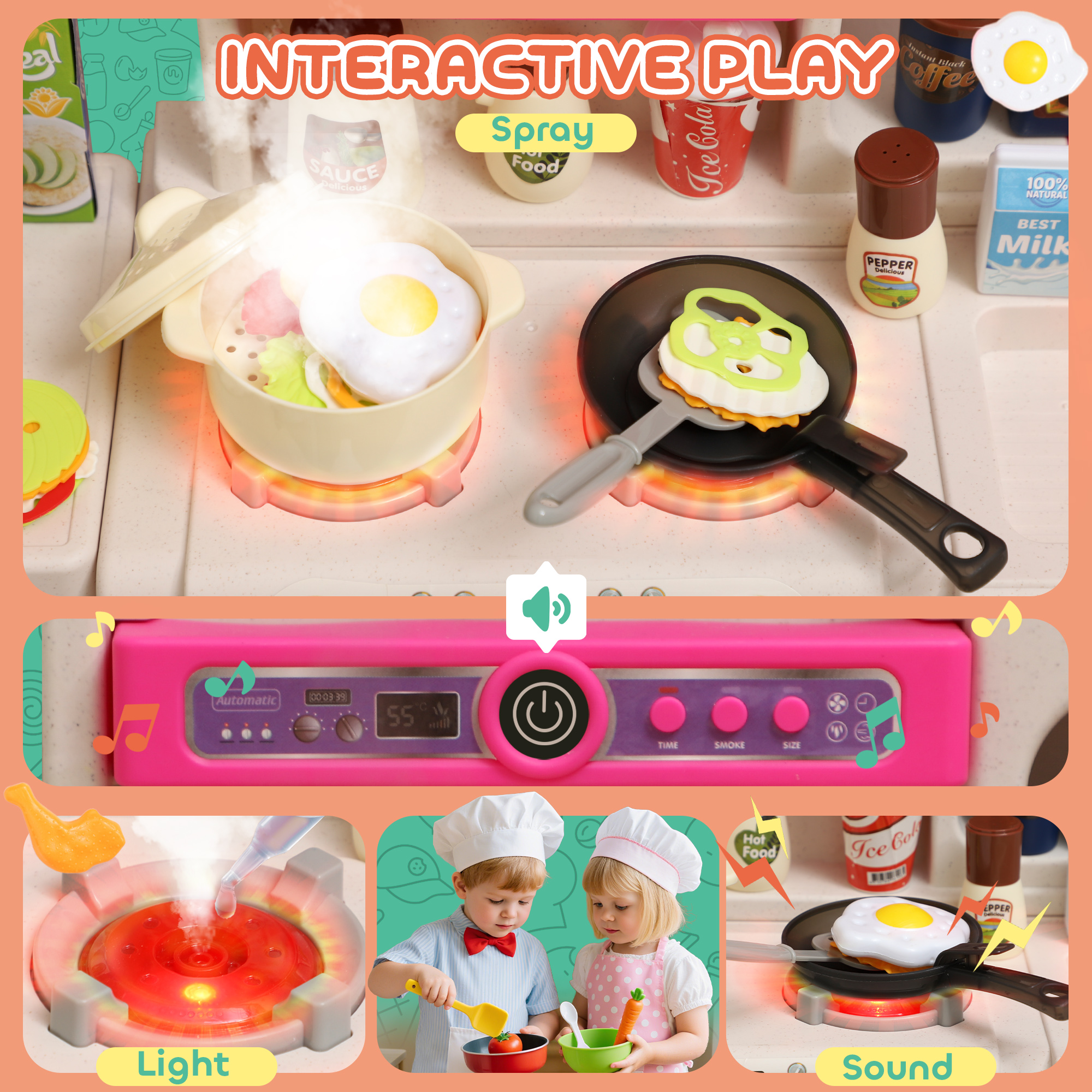 Pretend Play Kitchen Set With Realistic Lights & Sounds, 104PCS Toy Accessories — image 3