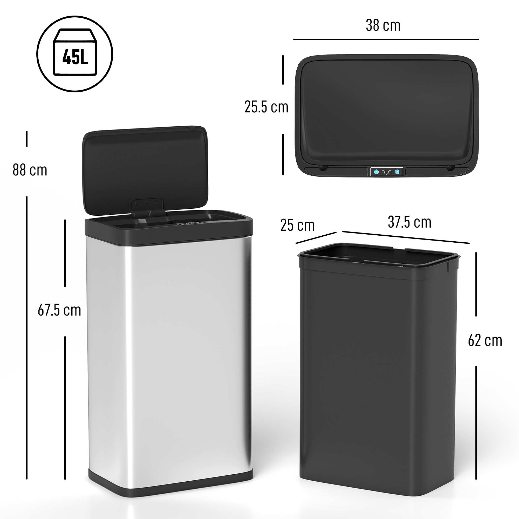 45L Stainless Steel Sensor Bin - Silver Tone — image 3