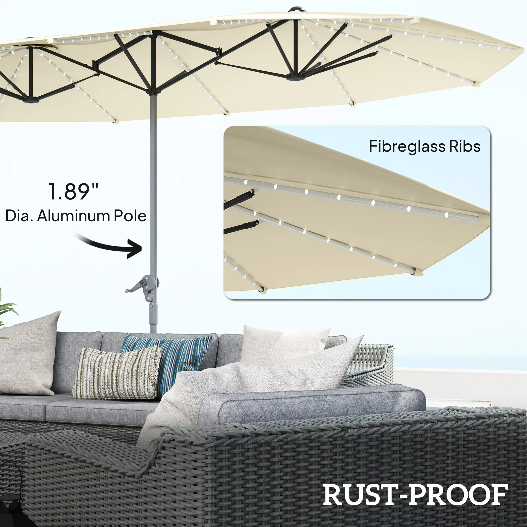 15ft Double-Sided Outdoor Umbrella with Solar Lights, UPF50+ Extra Large Aluminum Patio Umbrella with Crank, Cream White