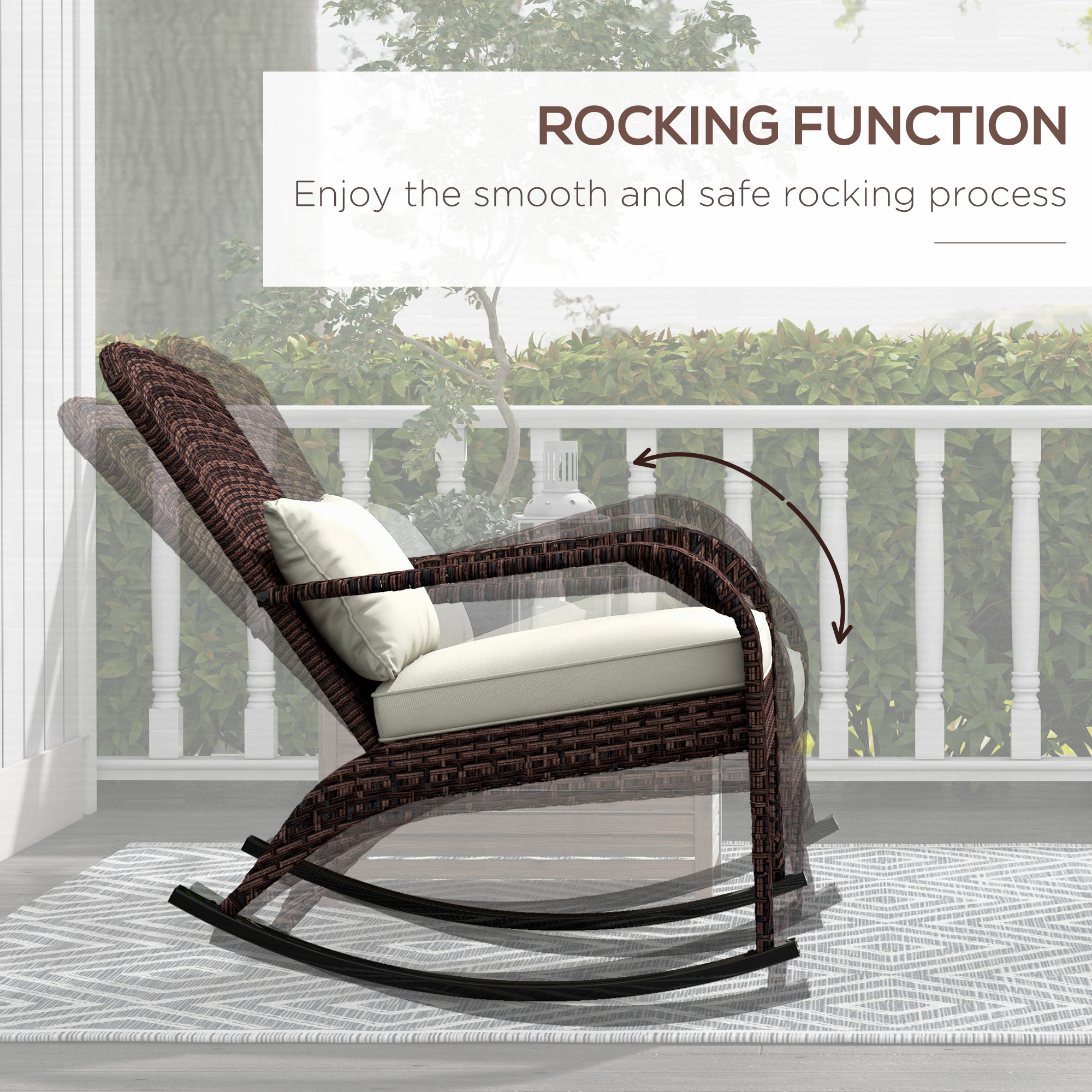  Adirondack Chair, Outdoor Wicker Rocking Chair with High Back, Seat Cushion, and Pillow for Porch, Balcony, Cream White