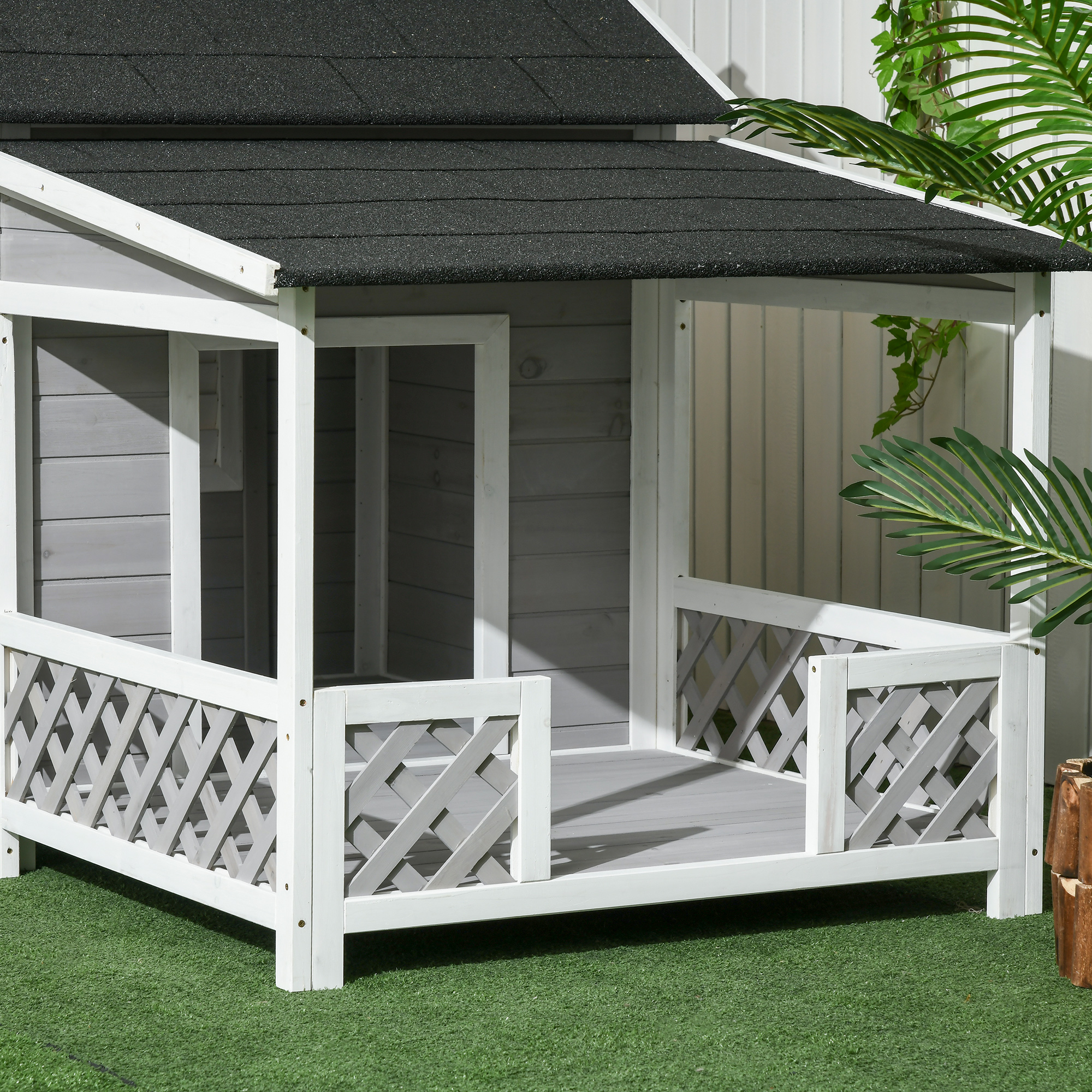  Wooden Dog House Outdoor with Porch, Cabin Style Raised Dog Shelter with Asphalt Roof, Doors, and Shutter Window, for Medium Large Sized Dog, Light Gray