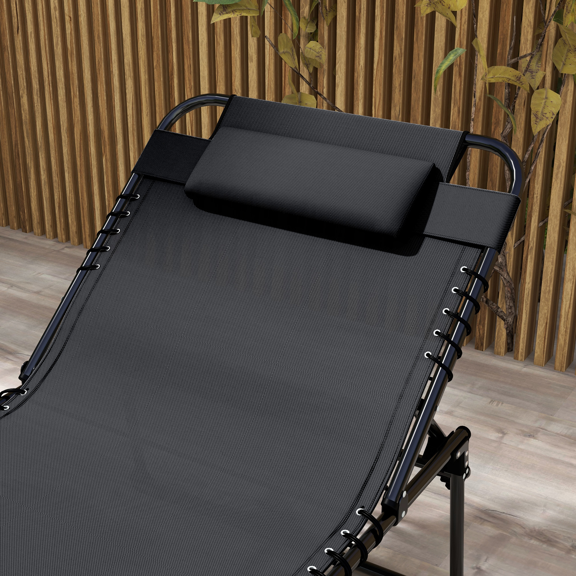 2 Piece Folding Chaise Lounge Pool Chairs with 5-level Reclining Back, Reading Hole, Side Pocket, Black