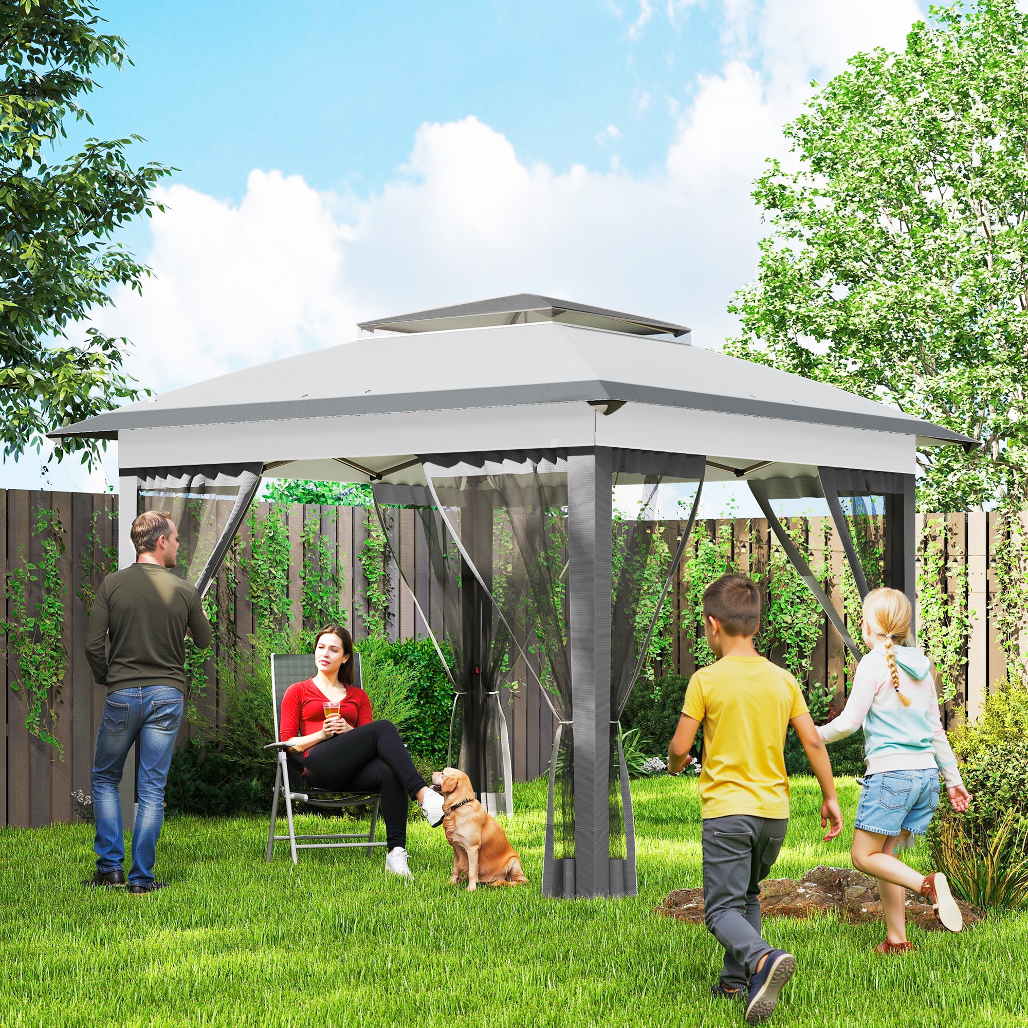 12 x 12 Pop Up Canopy Tent with Netting and Carry Bag, Instant Sun Shelter with 137 sq.ft Shade, Tents for Parties, Height Adjustable, for Outdoor, Garden, Patio, Gray