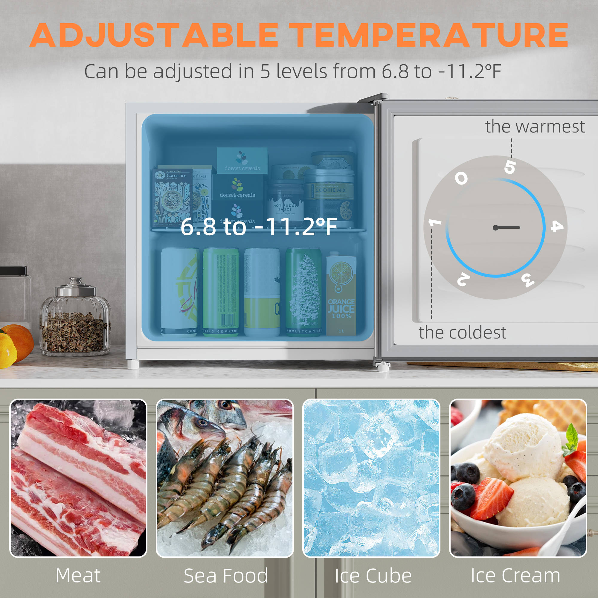  Mini Freezer Countertop, 1.1 Cu.Ft Compact Upright Freezer with Removable Shelves, Reversible Door for Home, Dorm, Apartment and Office, Gray