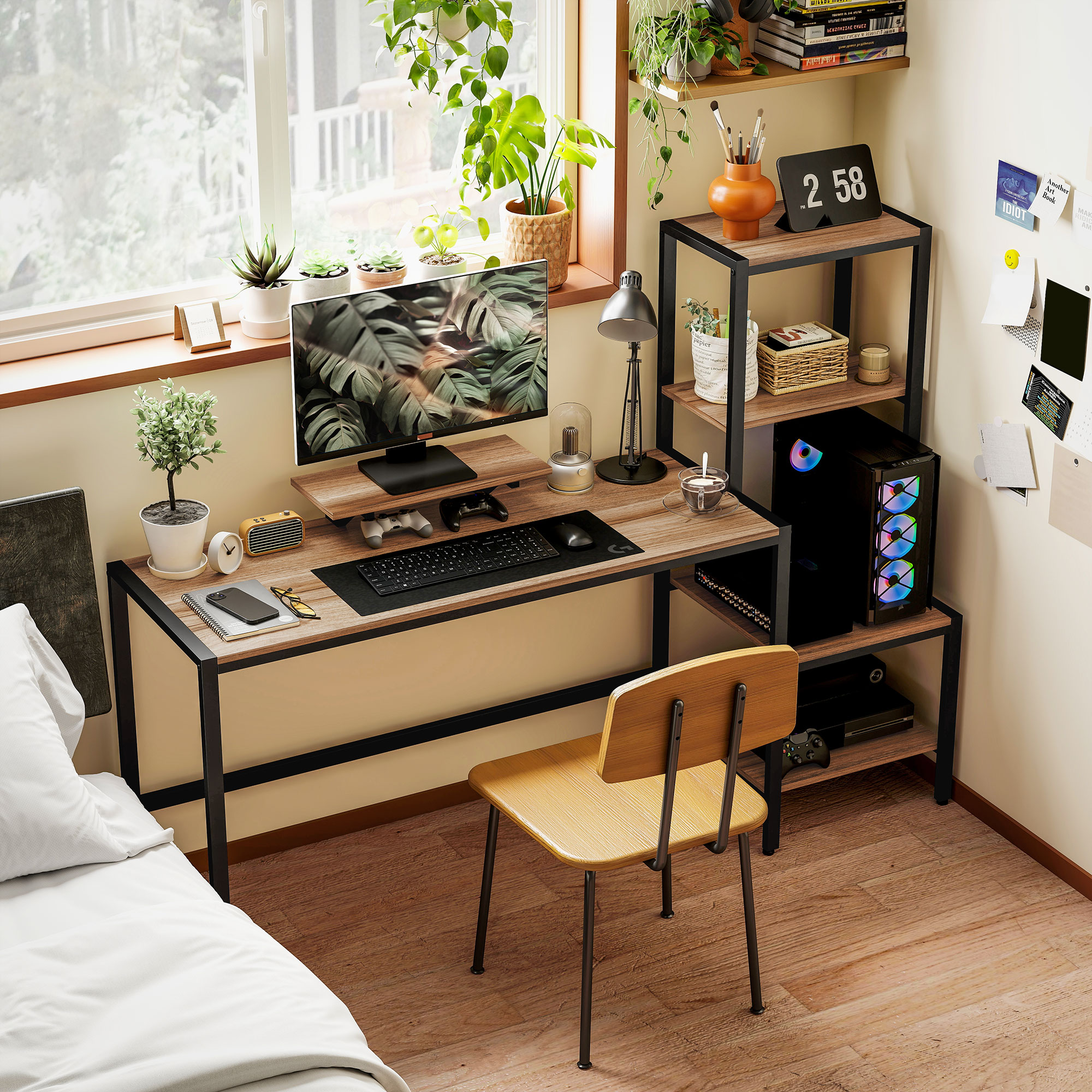  Computer Desk, 67" CPU Desk with Monitor Stand, Reversible 4-Tier Shelf, Industrial Writing Desk for Study Room, Brown