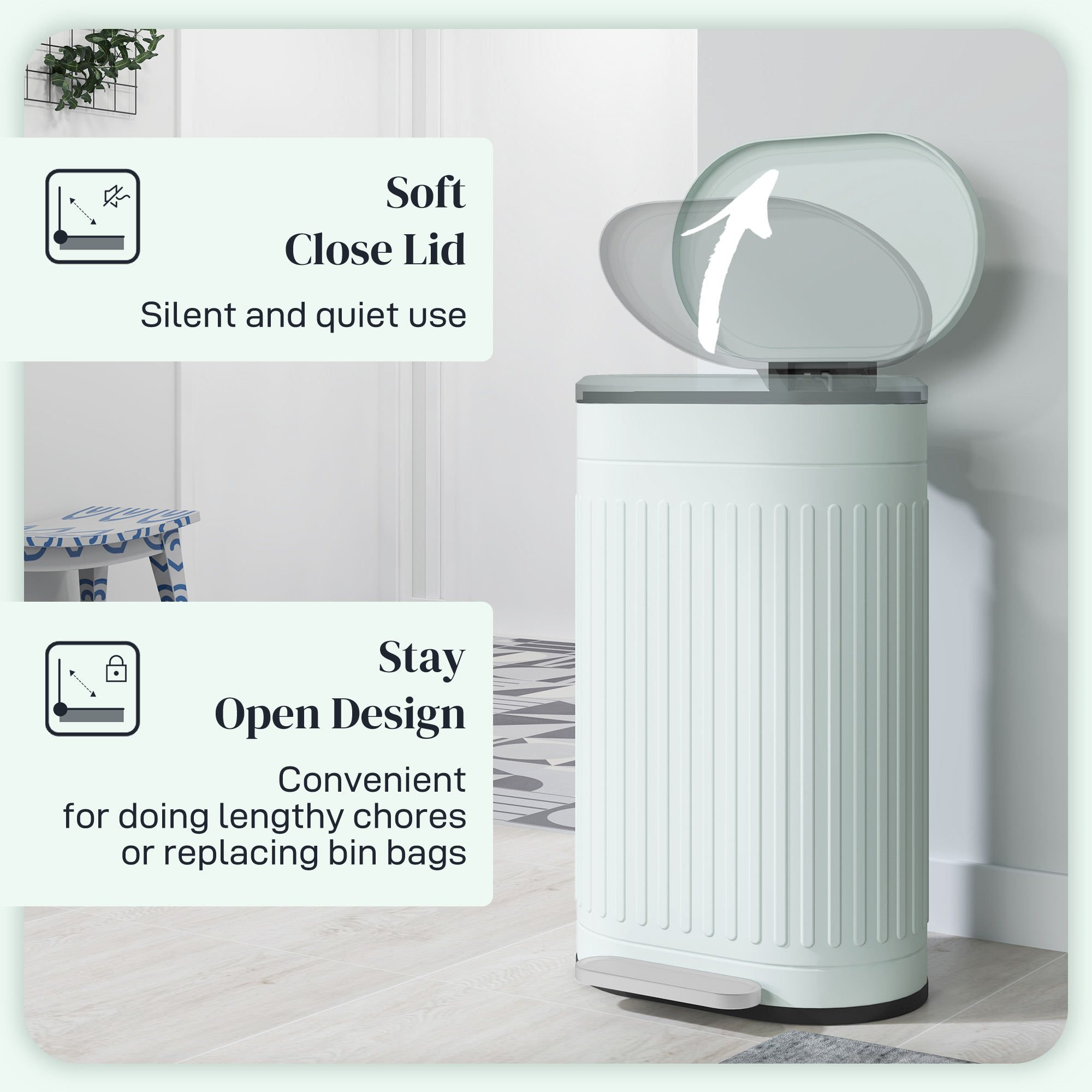 30L Metal Kitchen Bin, With Soft-Close Lid - Light Green