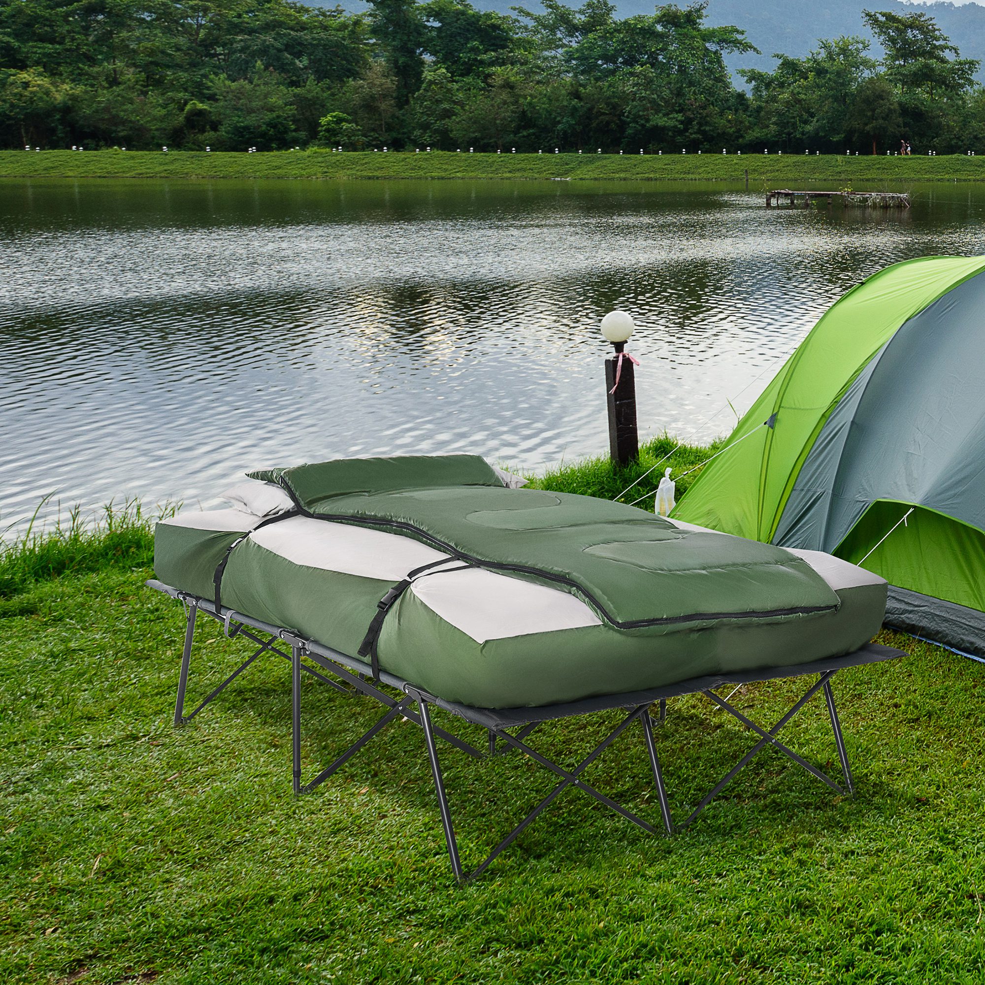 2-Person Folding Camping Cot Portable Outdoor Bed Set with Sleeping Bag, Inflatable Air Mattress, Comfort Pillows and Carry Bag, Soft and Comfortable for Outdoor Travel Camp Beach Vacation