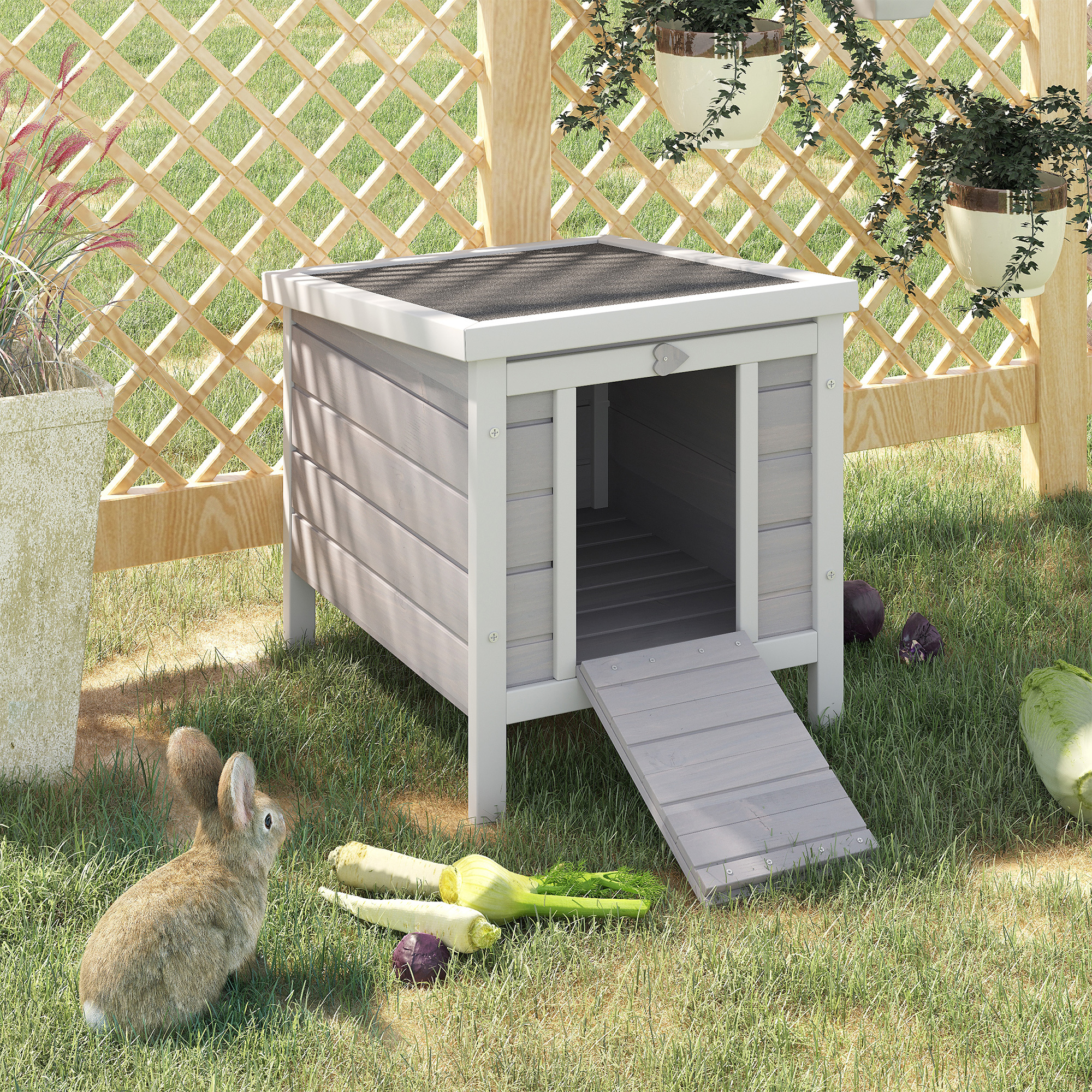  Small Wooden Rabbit Hutch Bunny Cage Guinea Pig Cage Duck House Dog House with Openable & Waterproof Roof, for Rabbits, Chickens, Ducks, Gray