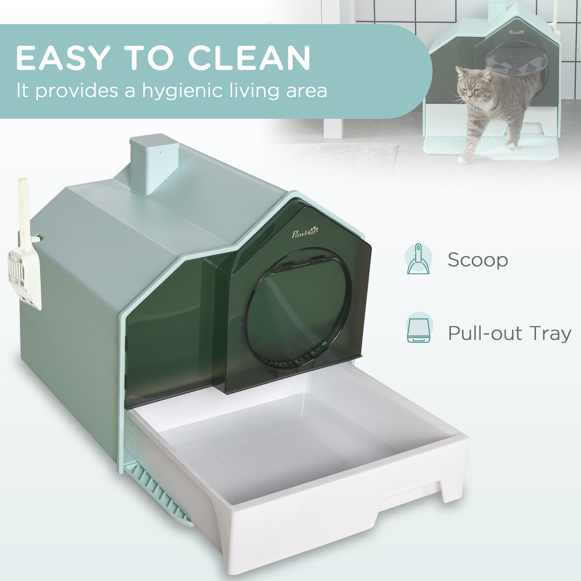 Hooded Cat Litter Box w/ Litter Mat, Litter Particle Catching, Light Blue