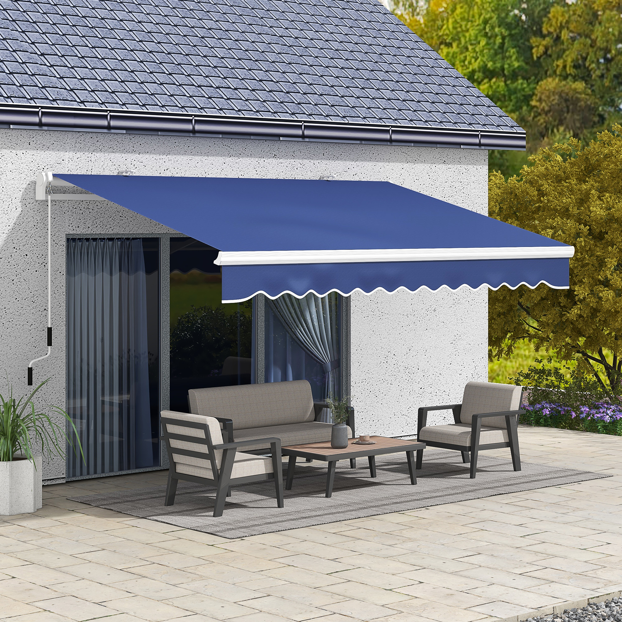 13 x 8 Patio Awning, Manual Retractable Sun Shade with UV Protection and Easy Crank Opening, Dark Blue