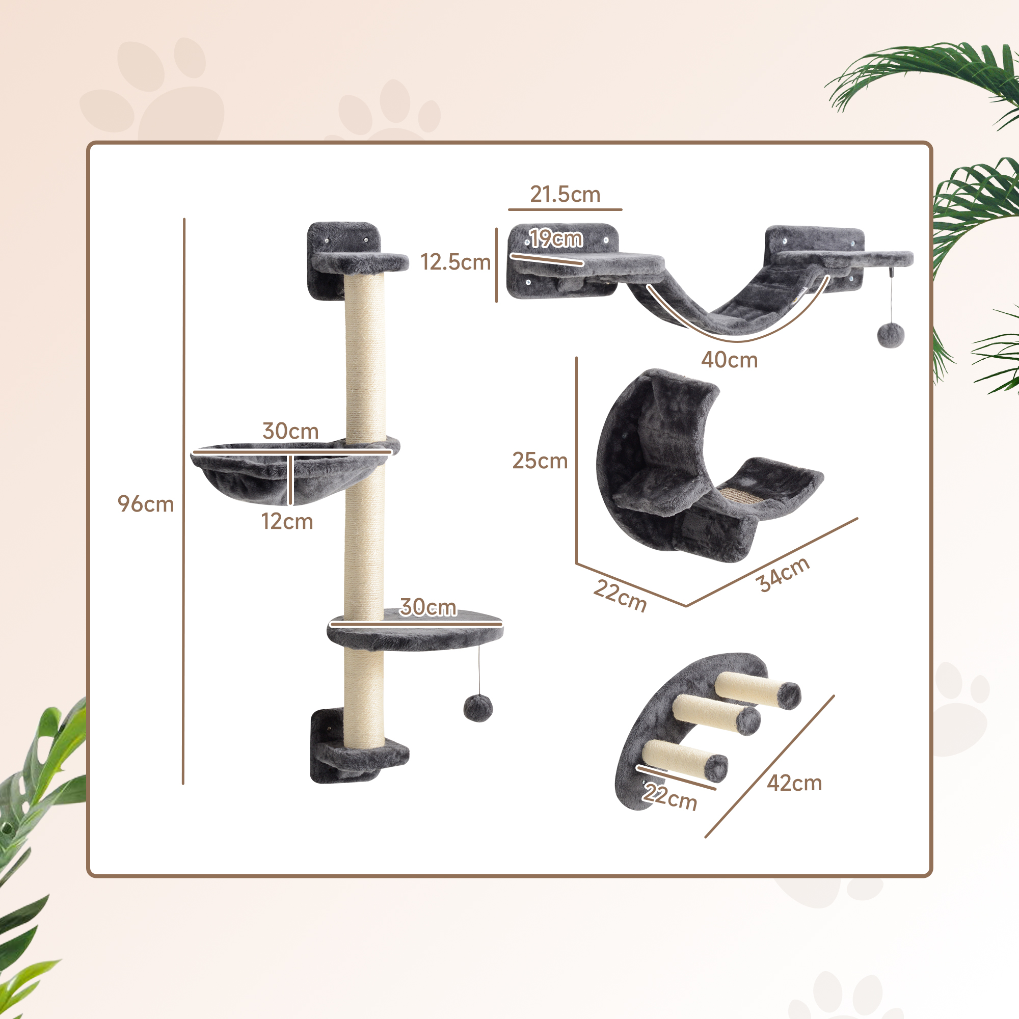 Four-piece dark grey plush cat wall furniture with hammock, bridge and crescent perch
