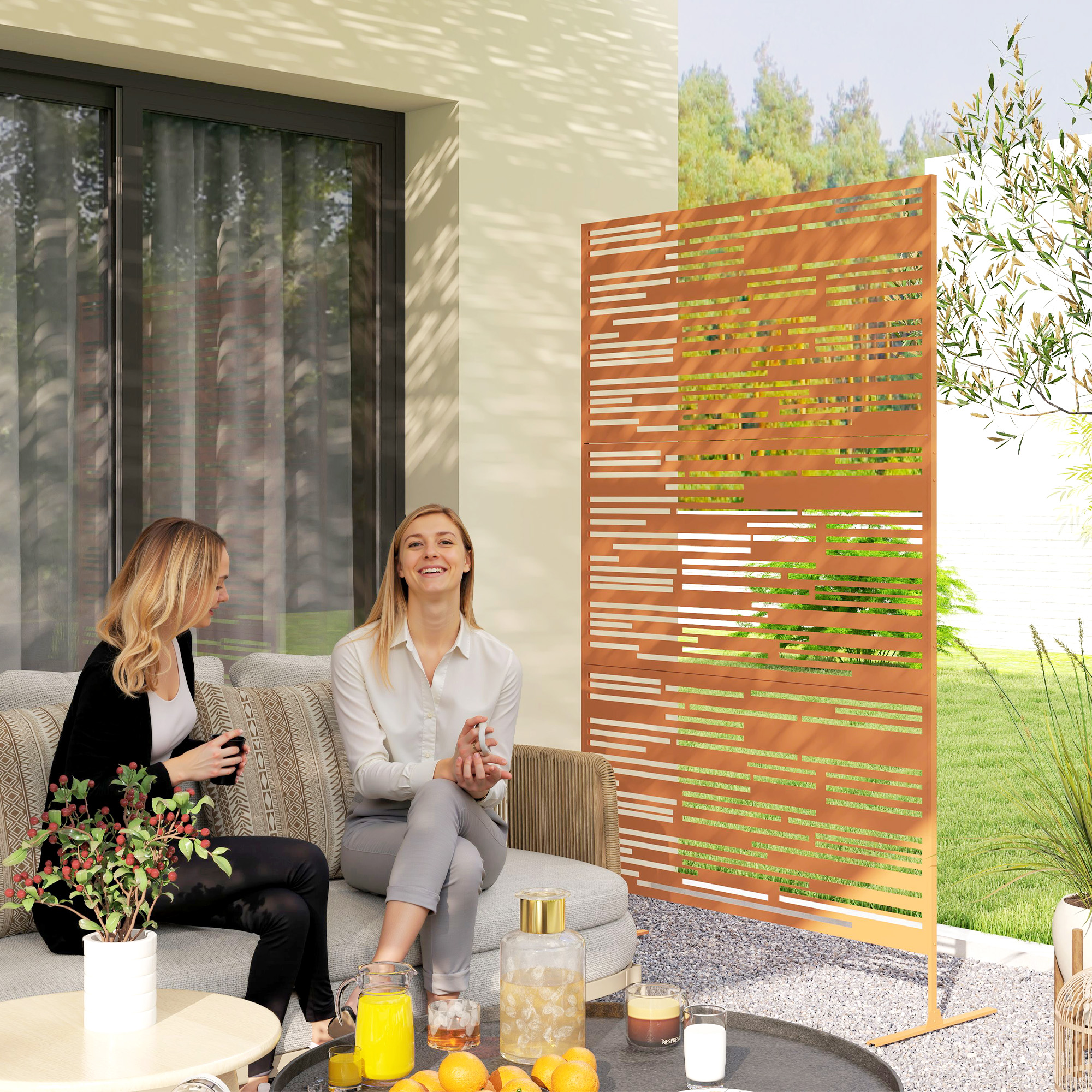  78" H x 48" W Metal Outdoor Privacy Screen, Freestanding Decorative Privacy Fence Screen for Balcony, Brown - Image 1