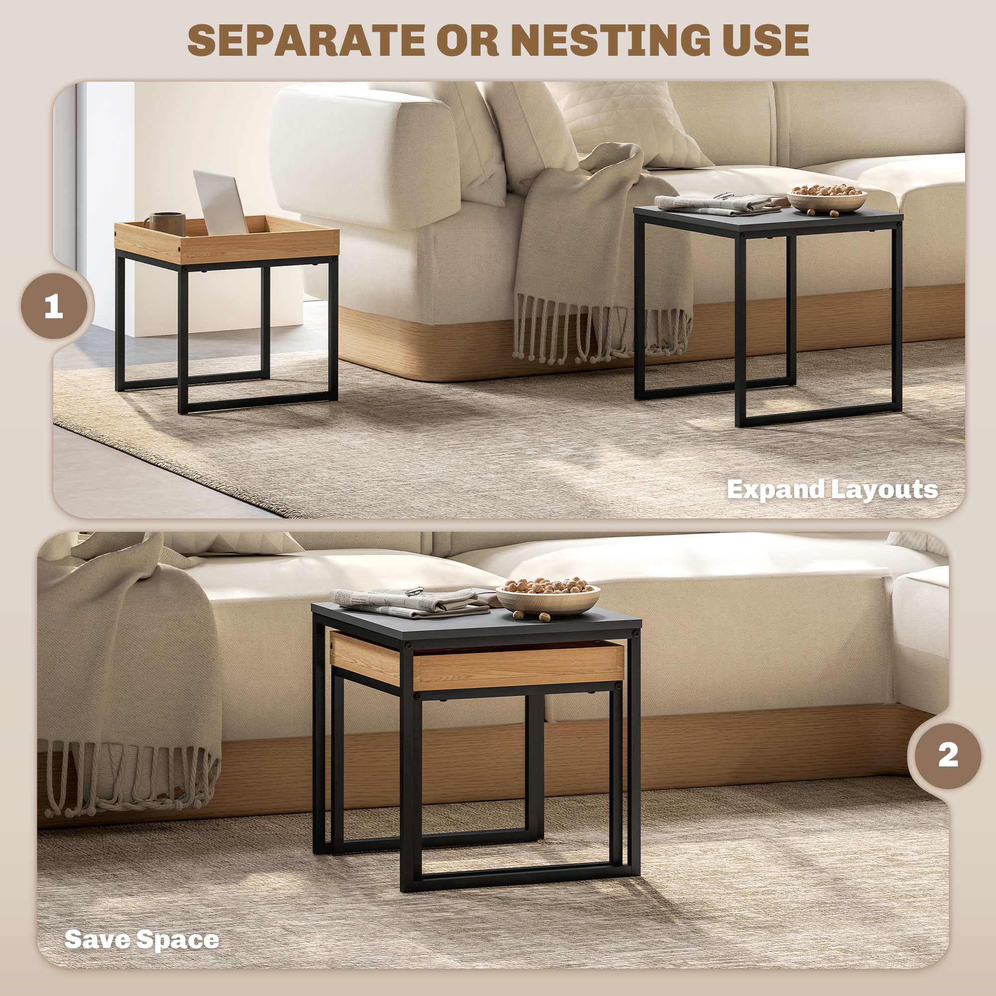 Set Of Two Boxy Nesting Tables - Black/Wood-Effect — image 2