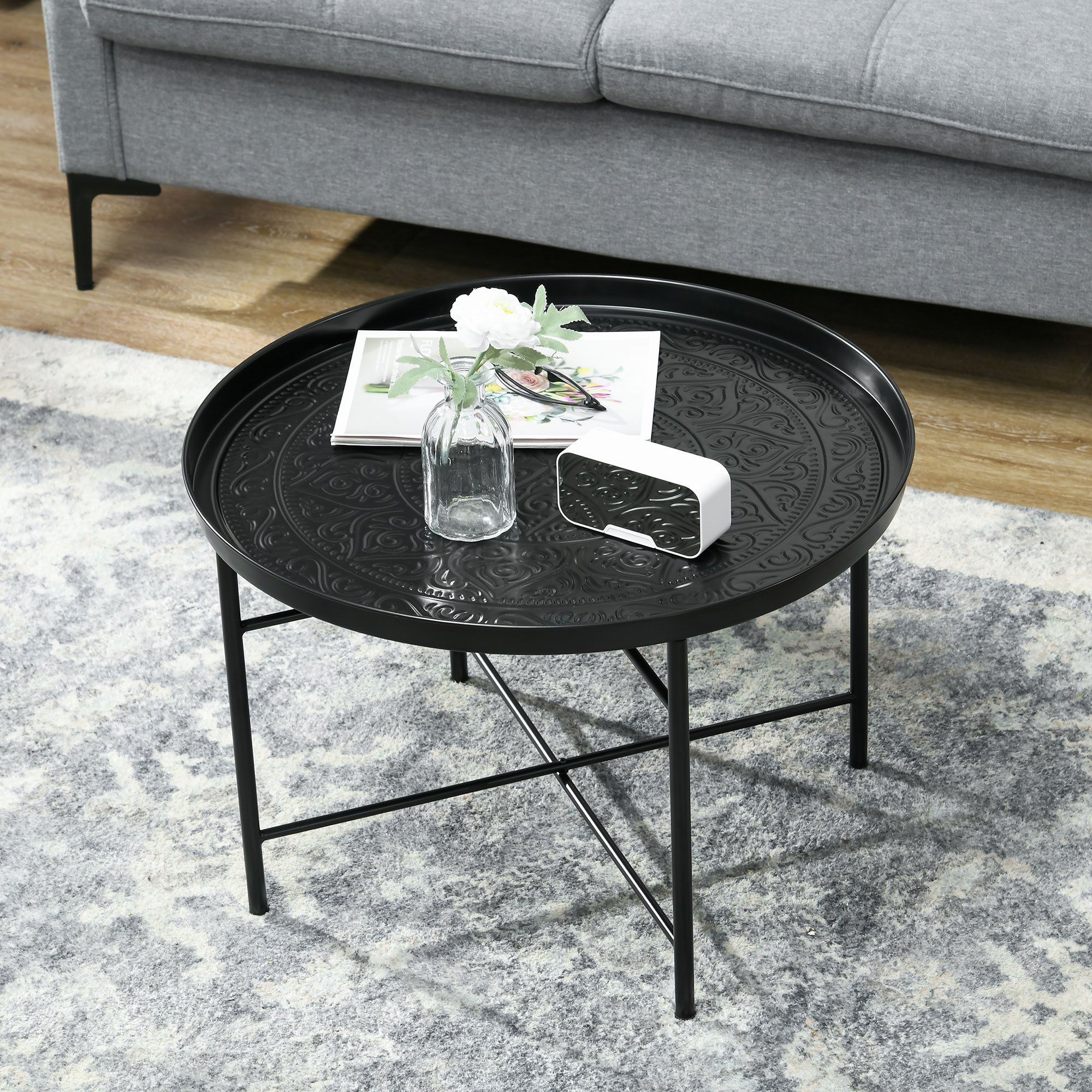 Coffee Table for Living Room, 24" Round Center Table with Hammered Tray Top and Metal Frame for Bedroom… image 5