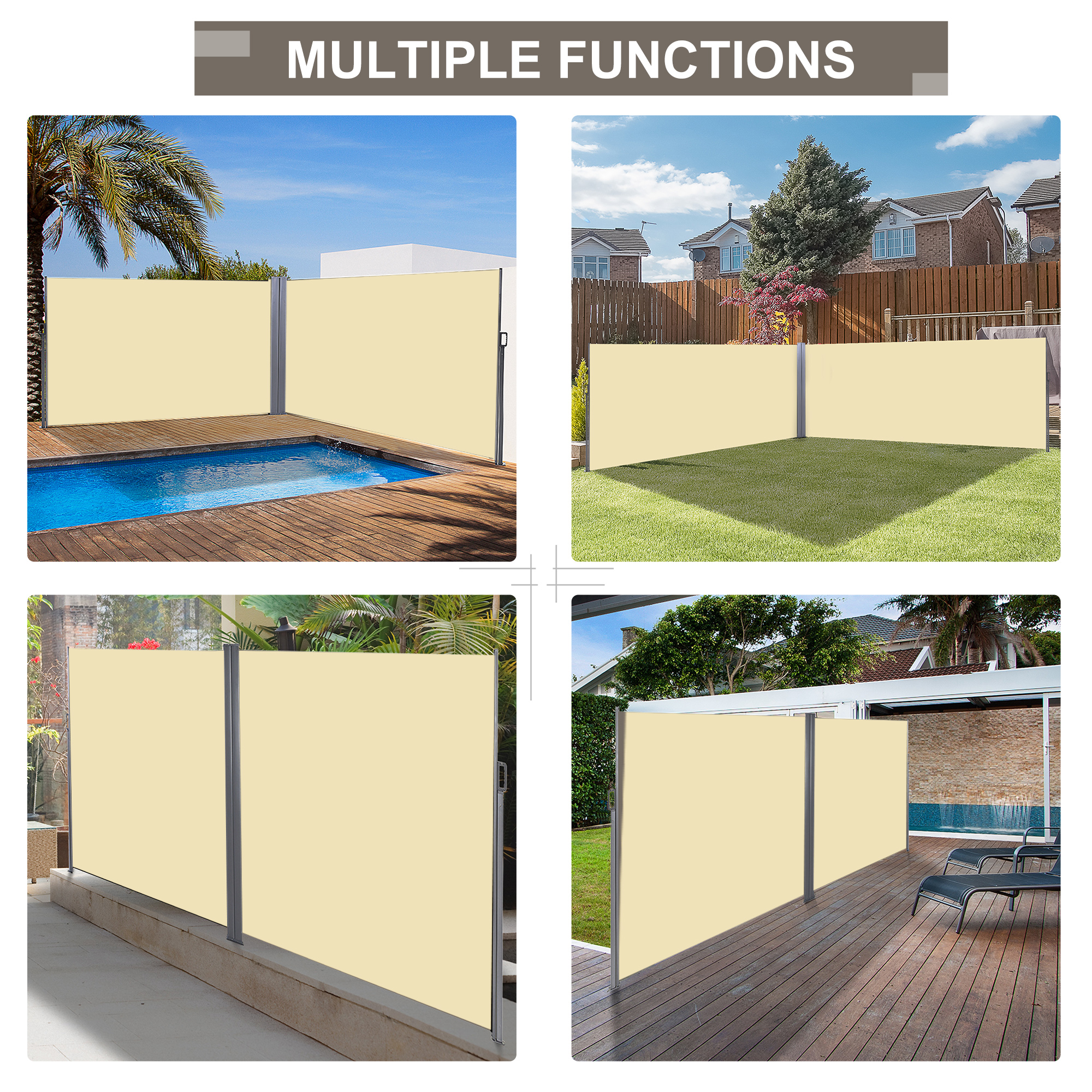 20’ Double Retractable Patio Side Awning Garden Sun Shade with UV-Fighting Screen, Auto Pull-Back Function, & Steel Frame, Outdoor or Indoor Use, Beige