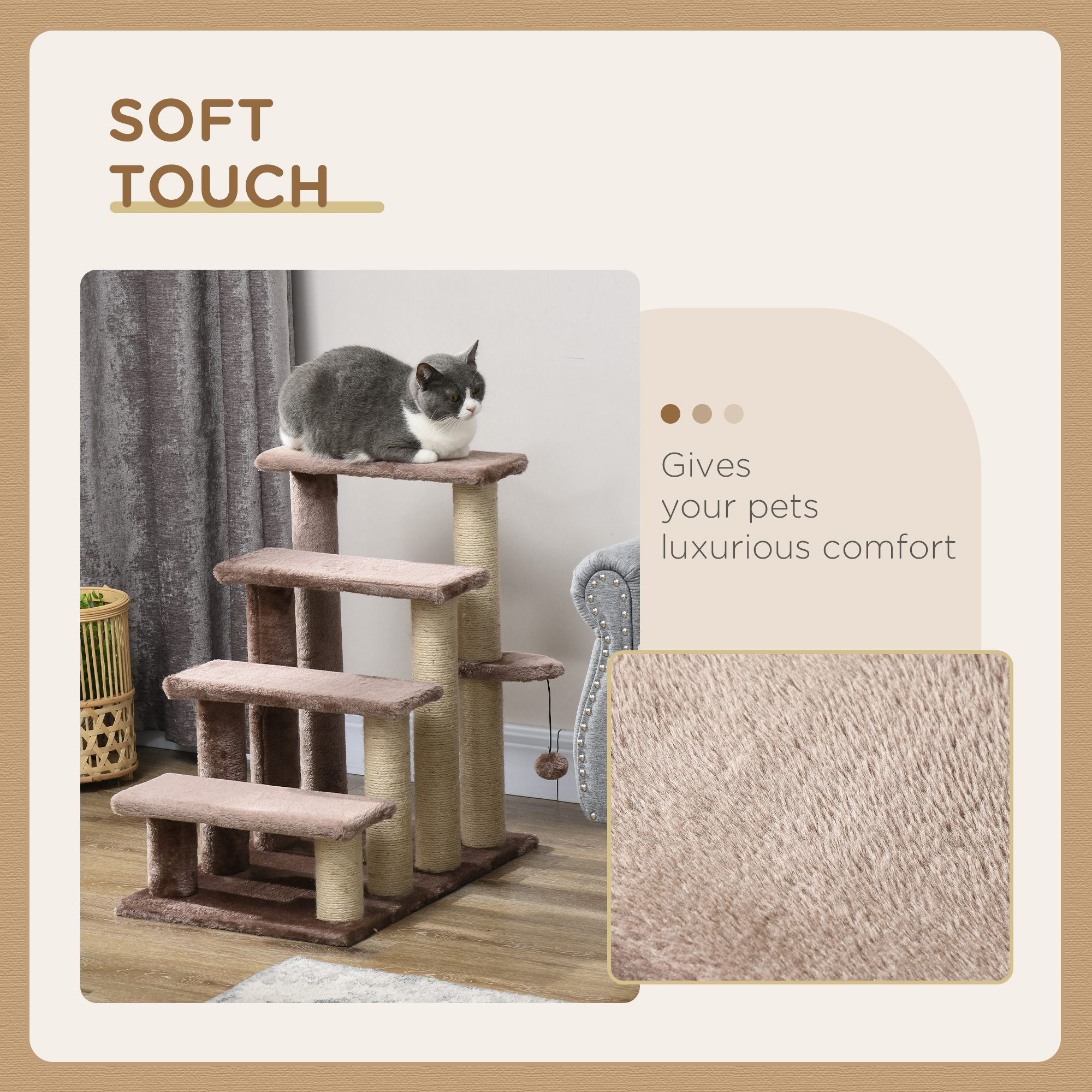  4 Levels Cat Steps with Scratching Posts for High Bed, Sofa, Brown