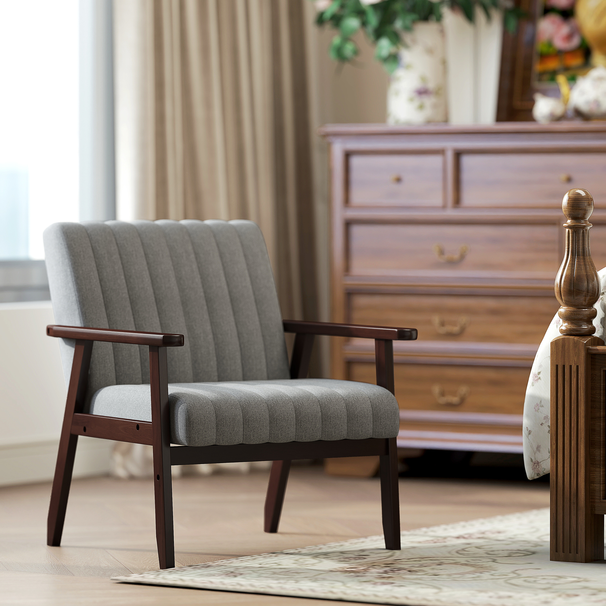 Mid Century Accent Chair, With Wooden Legs - Grey
