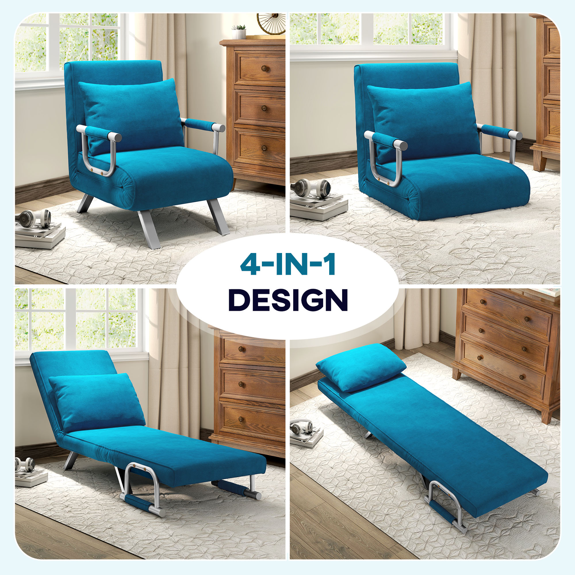 4-in-1 Faux Suede Chair Bed - Blue — image 5