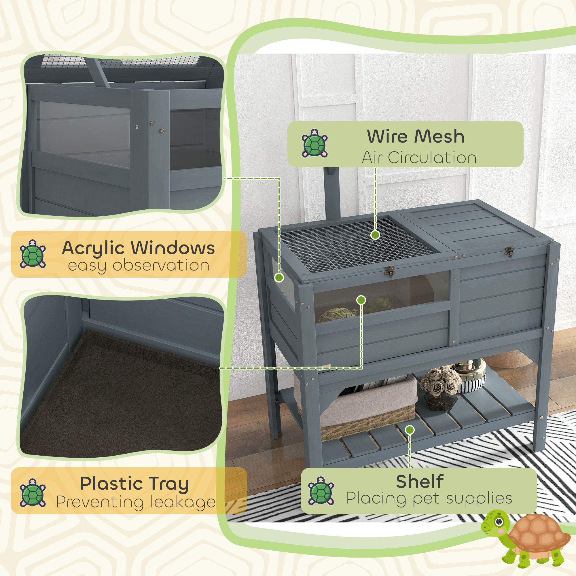  Tortoise Habitat with Shelf Storage Tortoise Gift Accessory with Weather Protection for Indoor, Gray