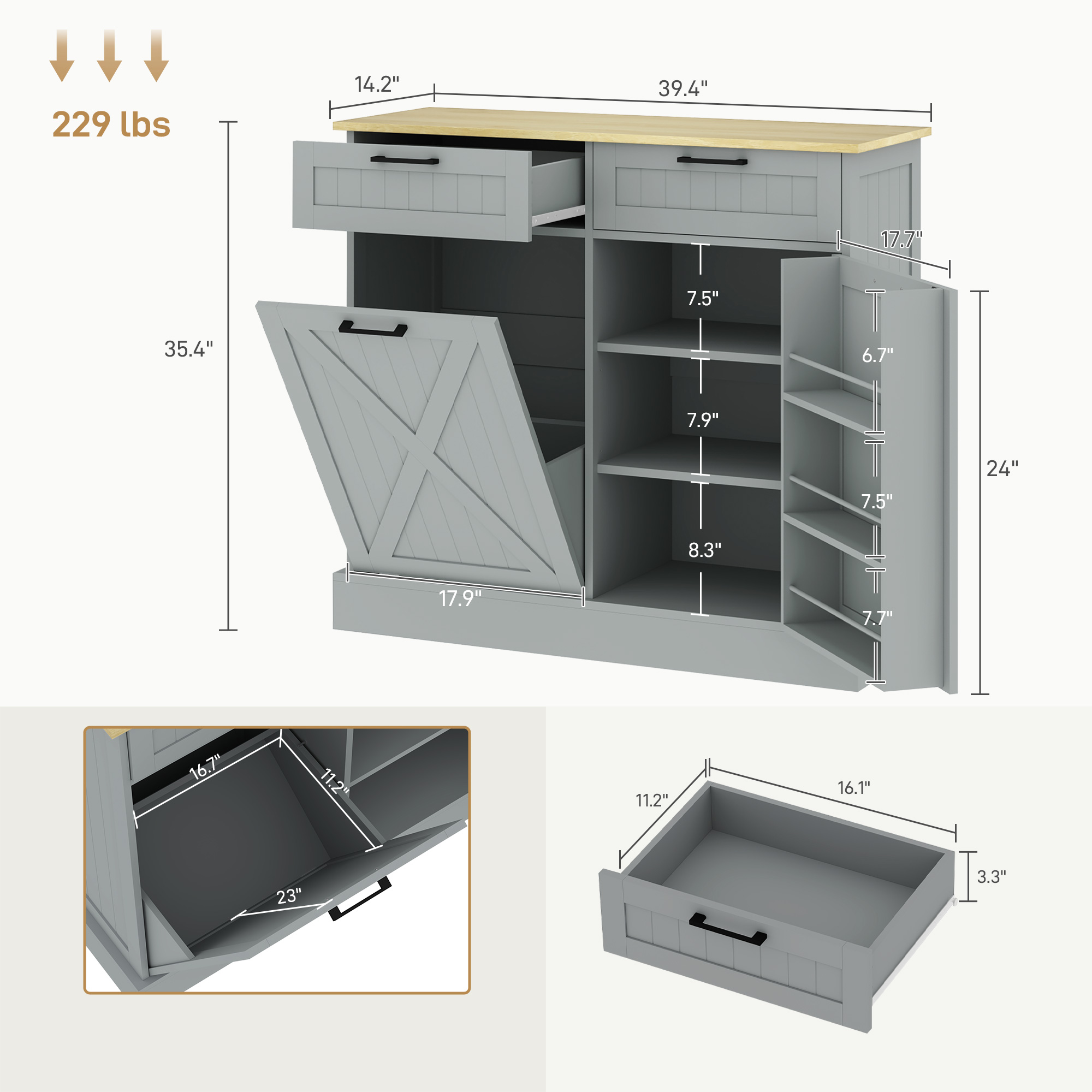 10 Gallon Farmhouse Kitchen Cabinet with Hidden Trash Can view 6