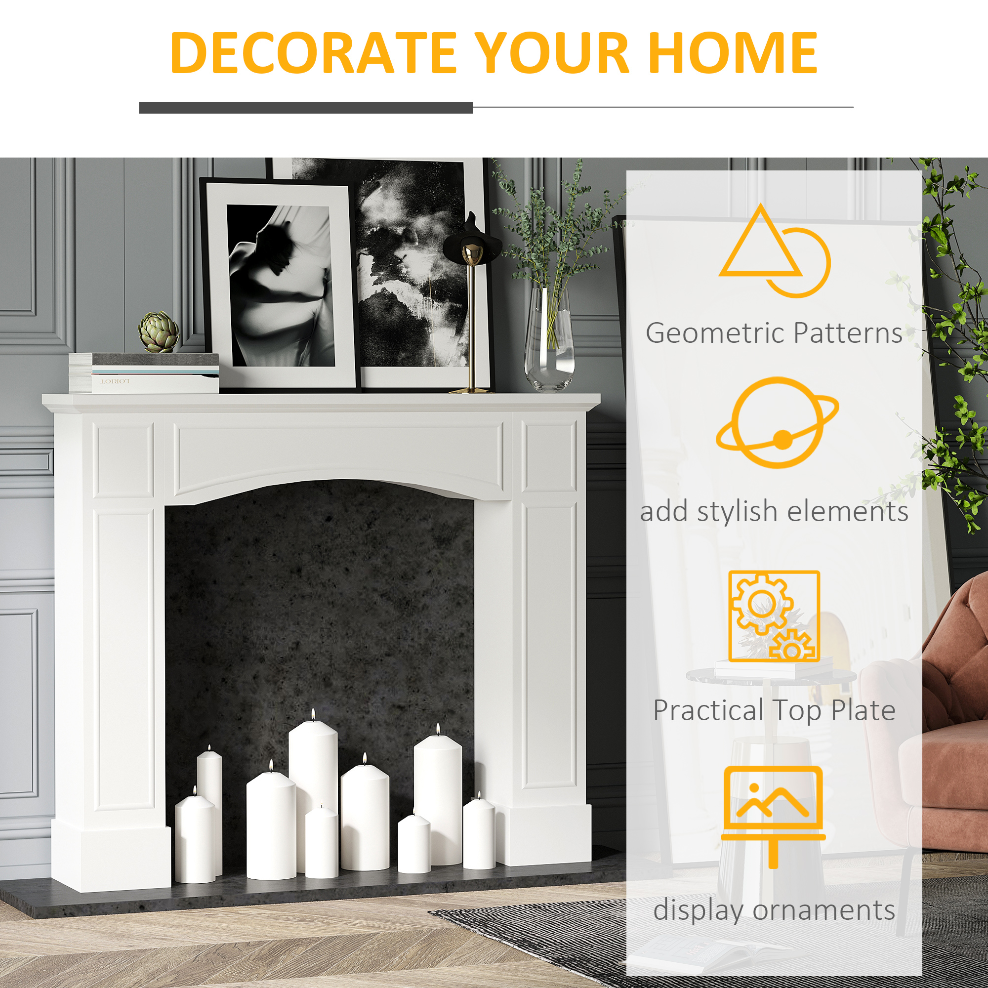 Modern Fireplace Mantel, Surround Mantels for Fireplace with Decorative Pattern Interior Width 29" White image 3