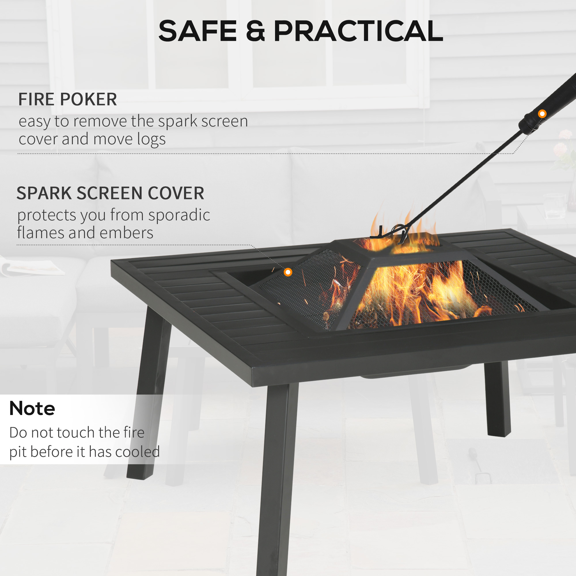  34" Fire Pit with Grill, Metal Outdoor Wood Burning Firepit with Spark Screen, Fire Poker, Cover, Table Lip, Black