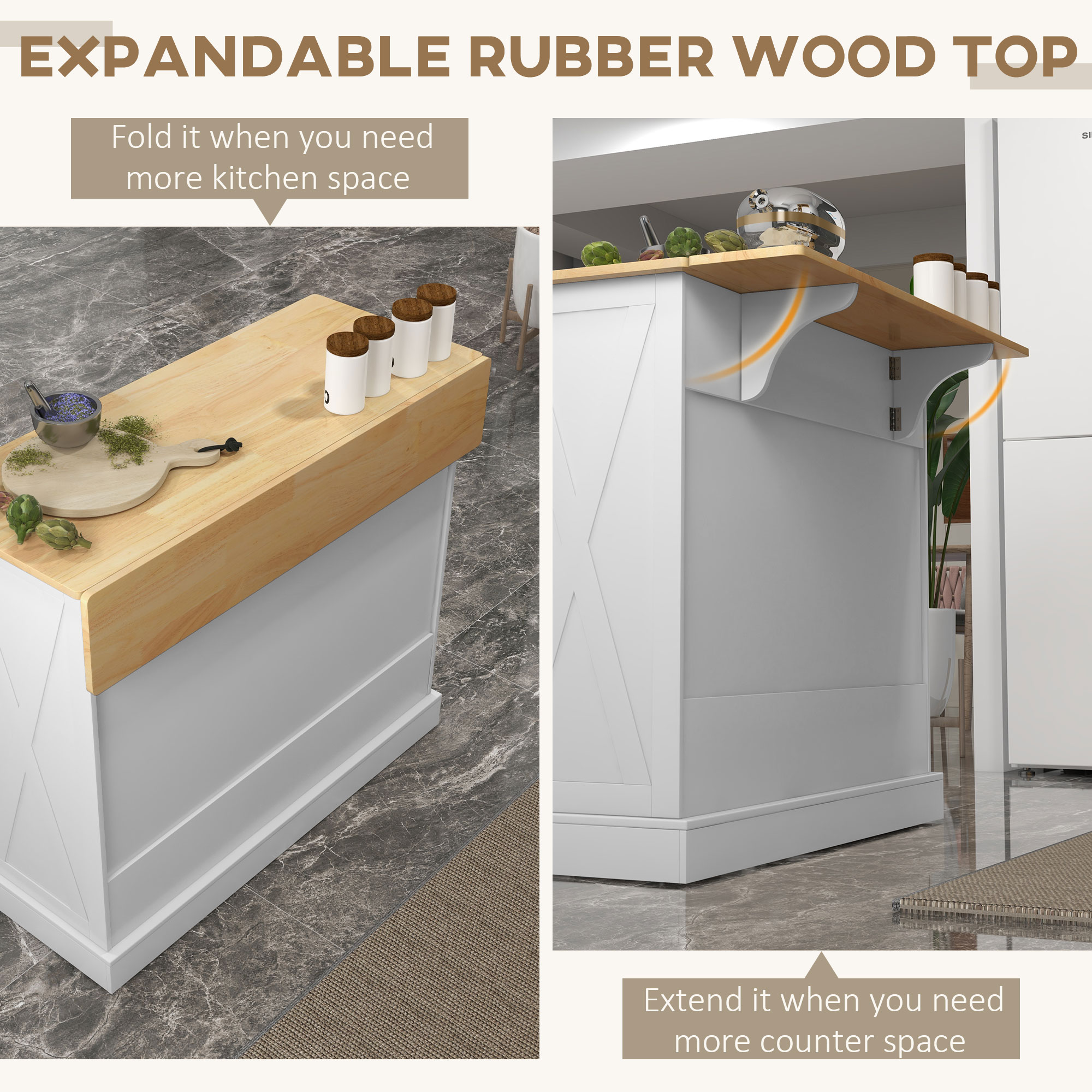 Rolling Kitchen Island with Drop Leaf Wood Breakfast Bar