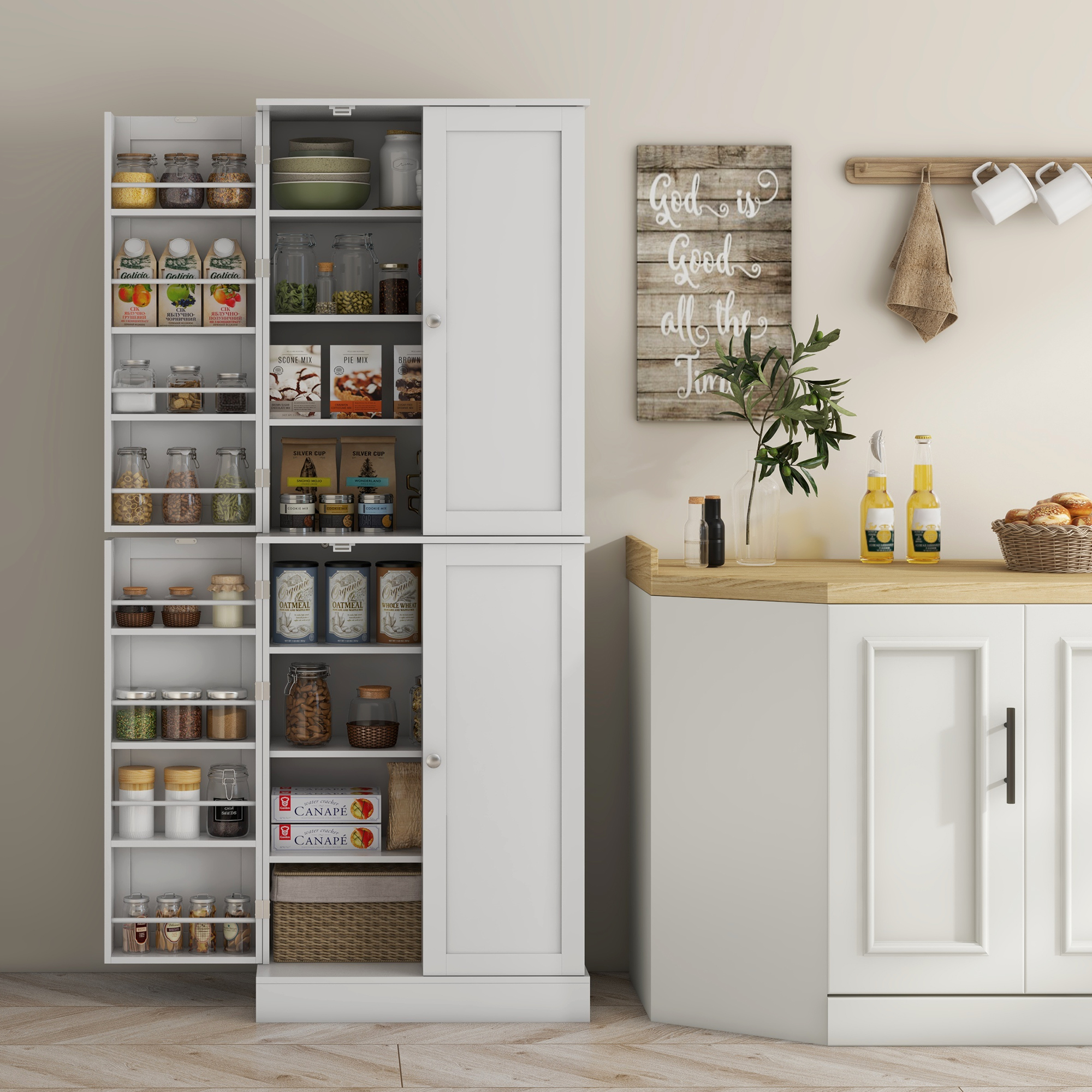 65" Kitchen Cabinet, Kitchen Pantry Cabinet with 4 Doors and 16 Door Shelves for Dining Room, White - 8