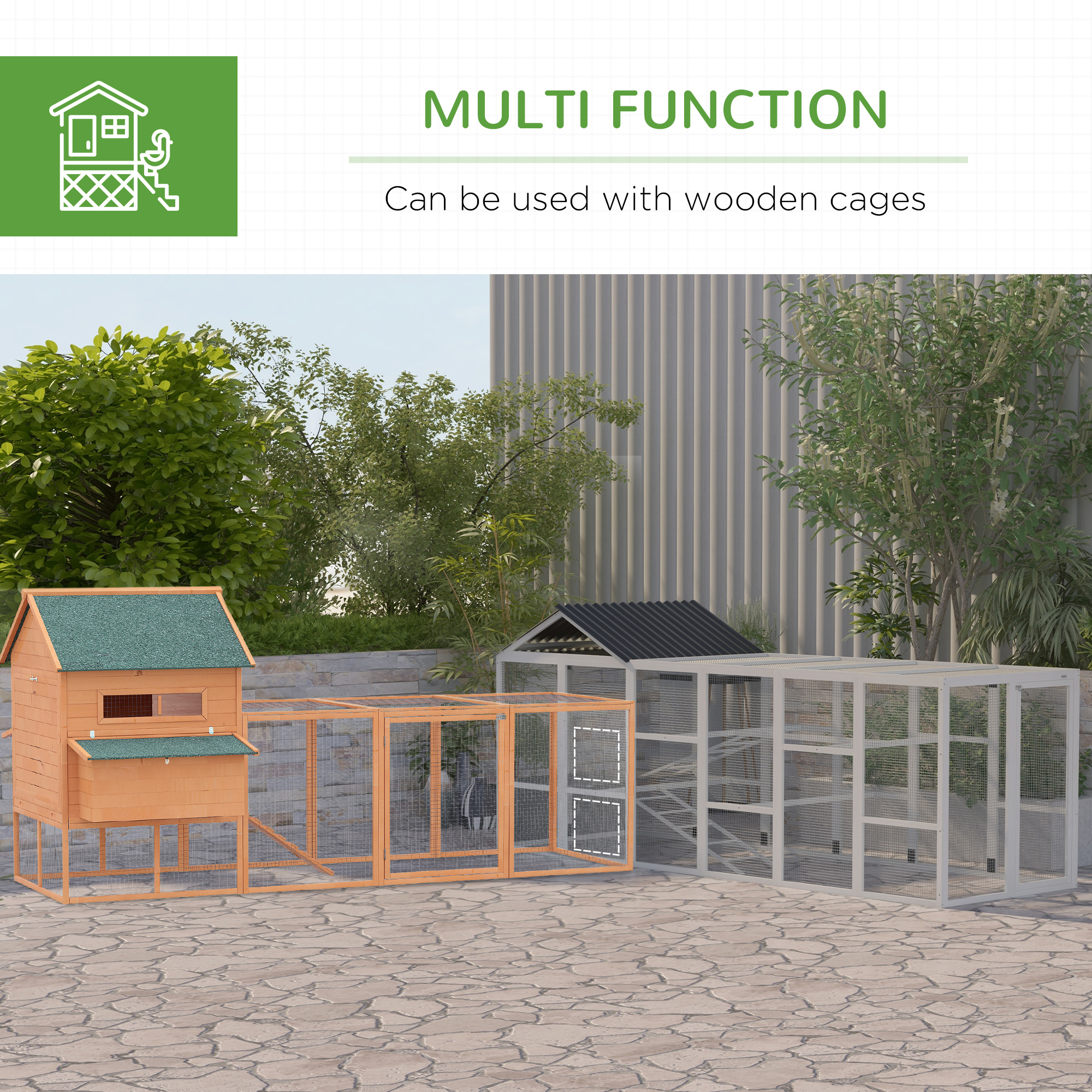  Wooden Chicken Coop Run for 6 - 10 Chickens, Hen House Add-On with Storage, Perches, 141.75" x 48" x 61", Gray