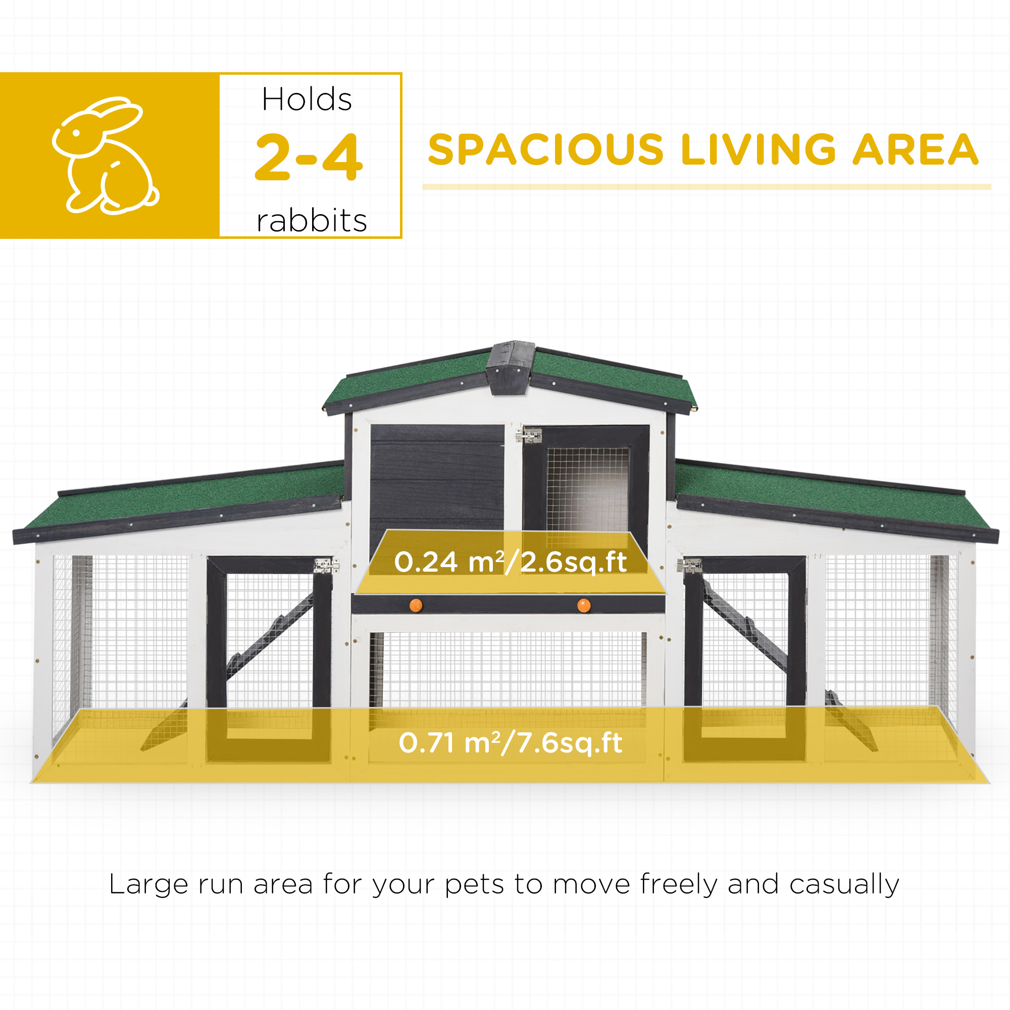 Wooden Large Rabbit Hutch with Double Runs, Removable Tray, Ramps, Roof, 78" x 19" x 34", Outdoor Use, Gray