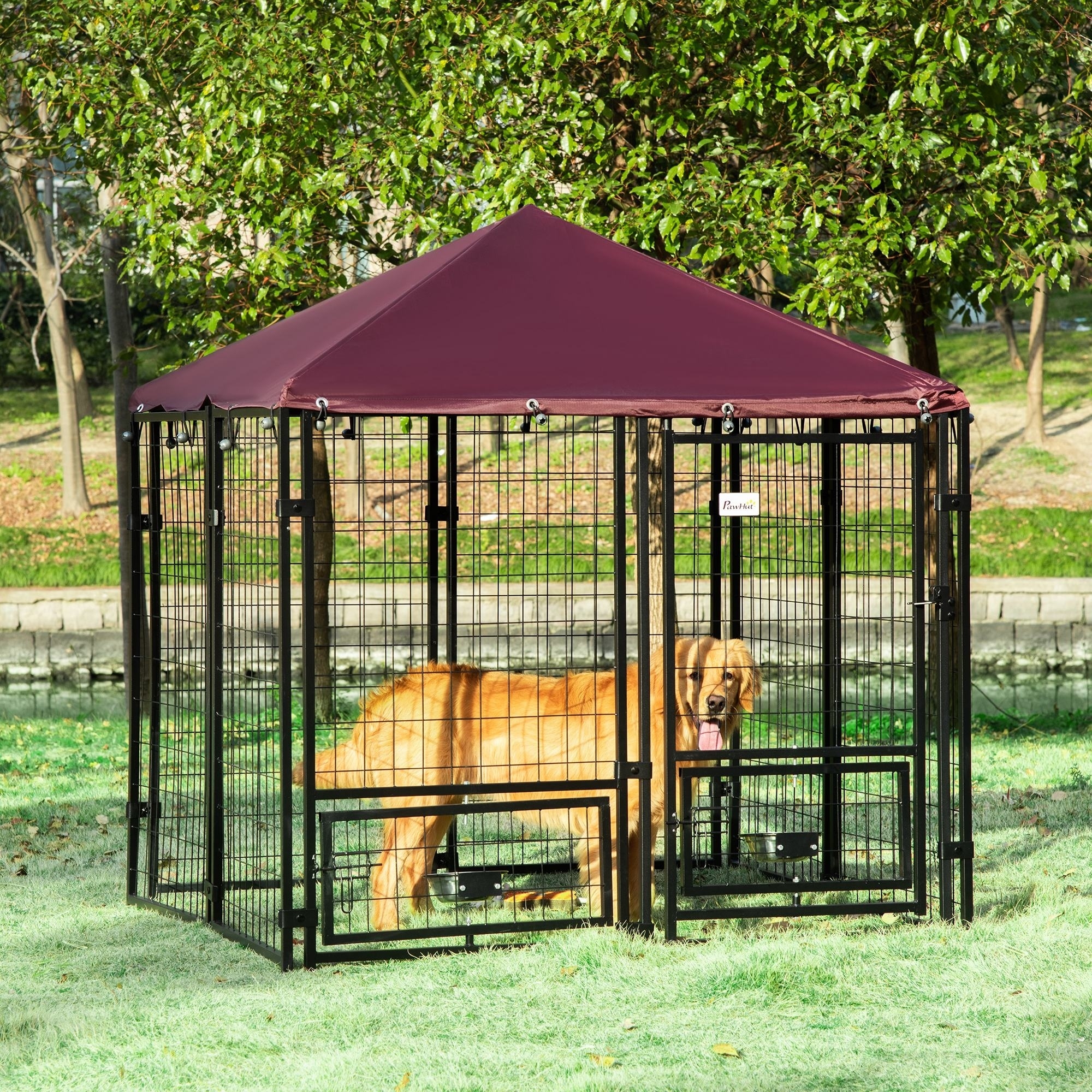 Outdoor Dog Kennel with Rotating Bowl Holders, Pet Playpen with Waterproof Cover, 4.6 x 4.6 x 5, Red
